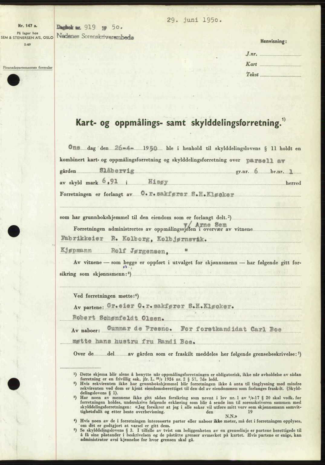 Nedenes sorenskriveri, AV/SAK-1221-0006/G/Gb/Gba/L0062: Mortgage book no. A14, 1949-1950, Diary no: : 919/1950