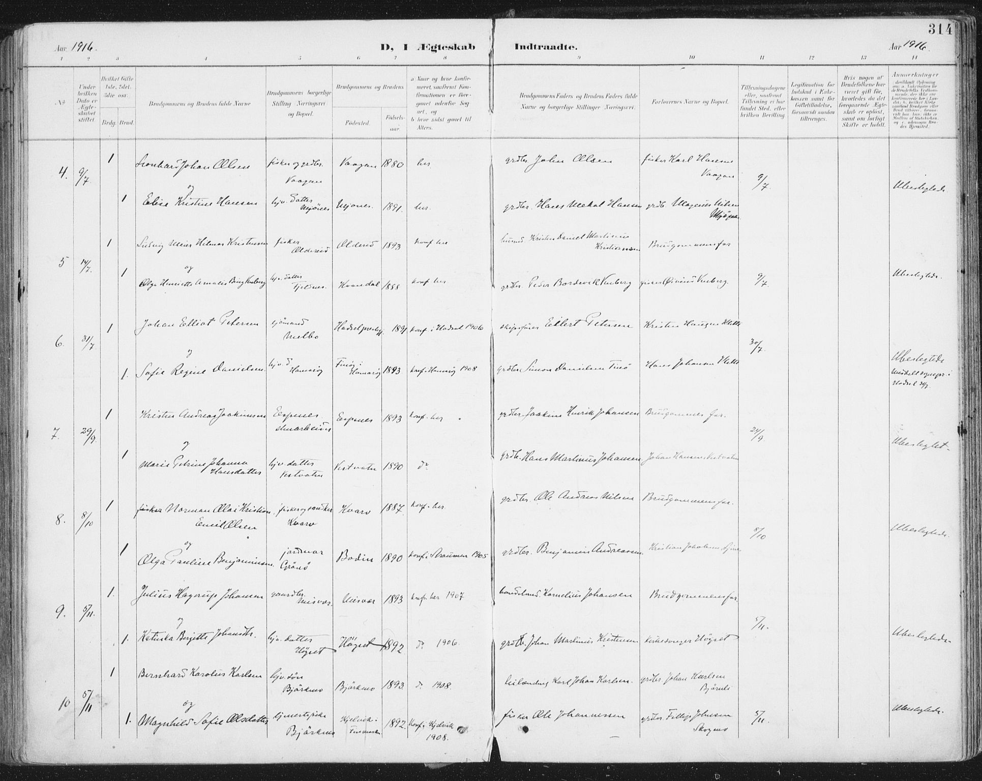 Ministerialprotokoller, klokkerbøker og fødselsregistre - Nordland, AV/SAT-A-1459/852/L0741: Parish register (official) no. 852A11, 1894-1917, p. 314