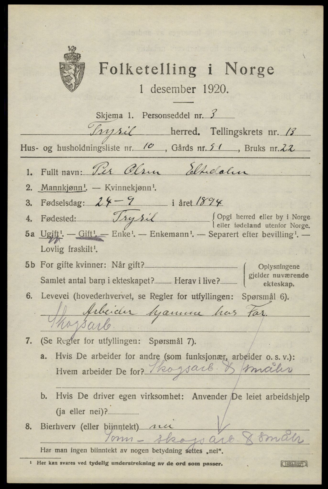 SAH, 1920 census for Trysil, 1920, p. 7755