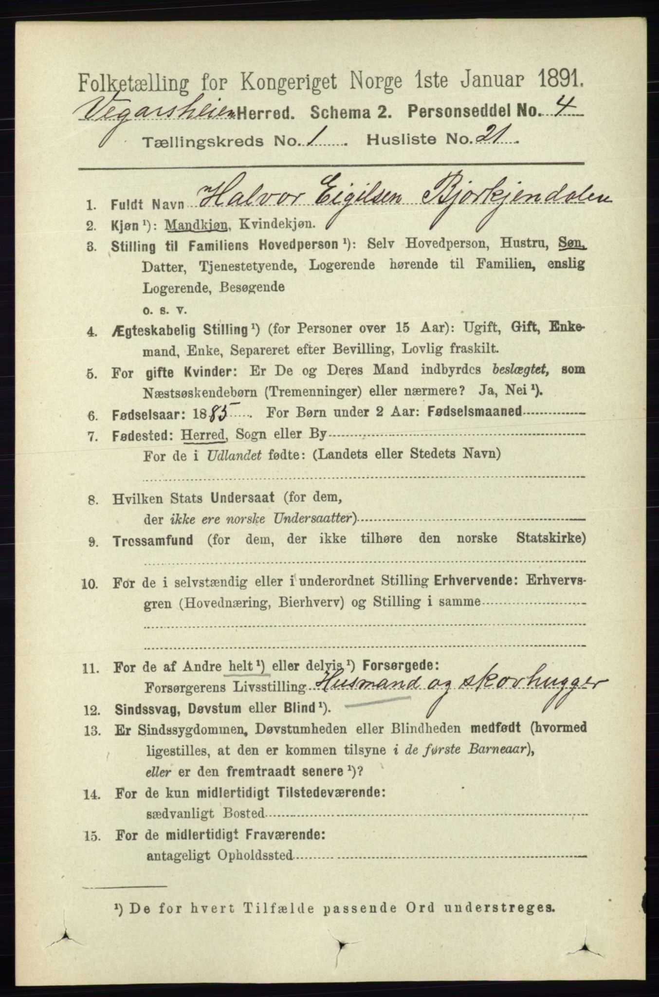 RA, 1891 census for 0912 Vegårshei, 1891, p. 229