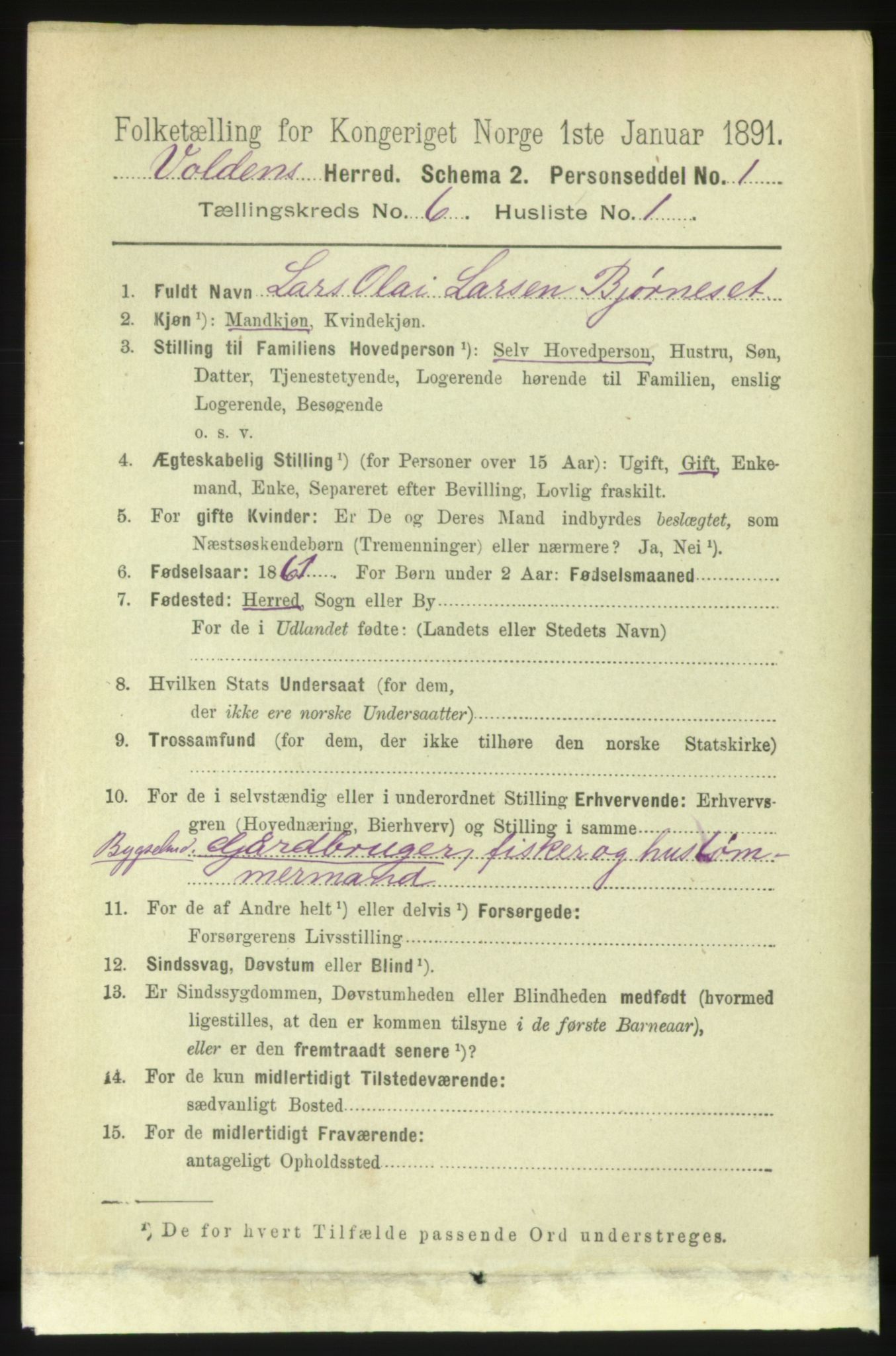 RA, 1891 census for 1519 Volda, 1891, p. 2863