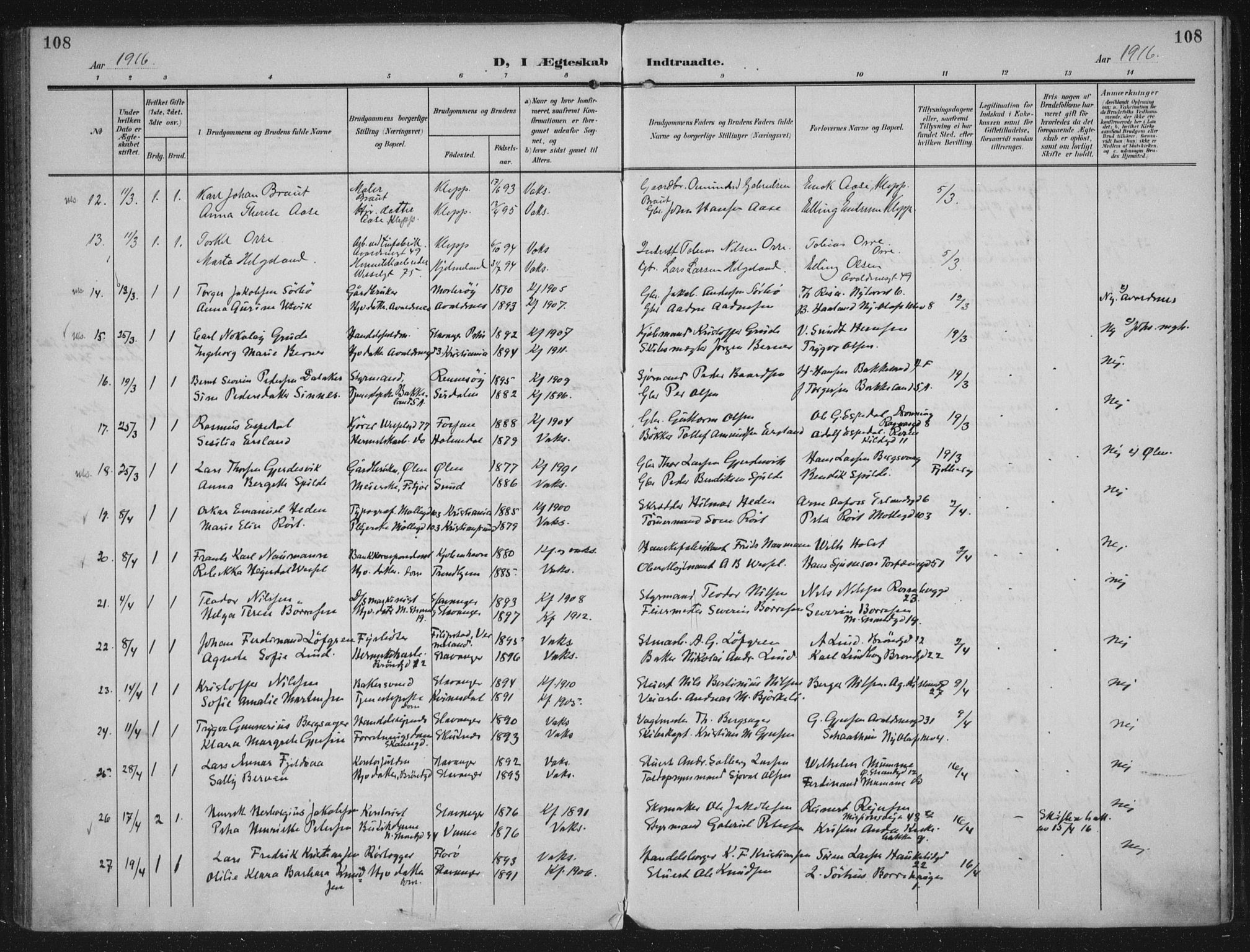 Domkirken sokneprestkontor, AV/SAST-A-101812/002/A/L0016: Parish register (official) no. A 33, 1905-1922, p. 108