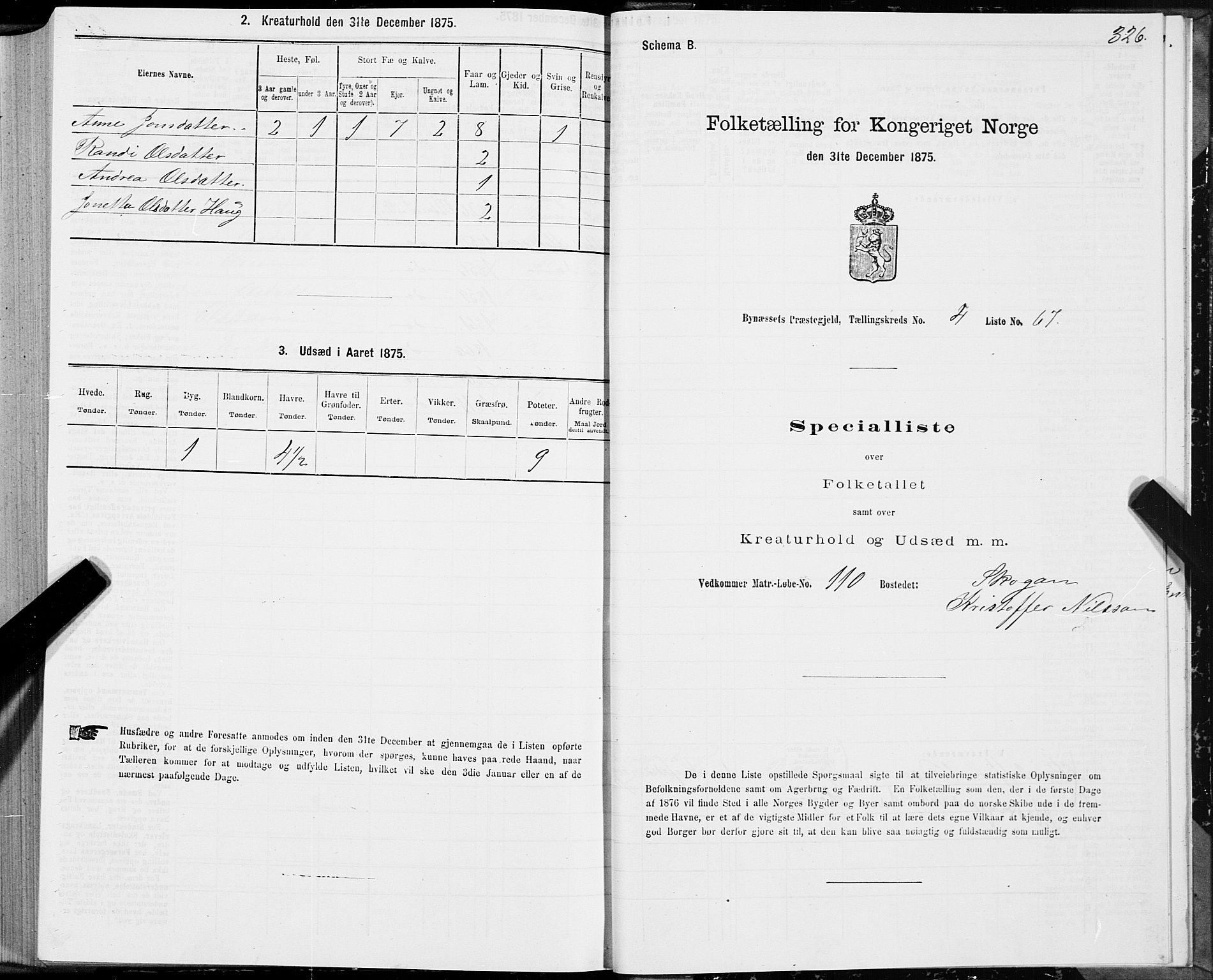 SAT, 1875 census for 1655P Byneset, 1875, p. 2326