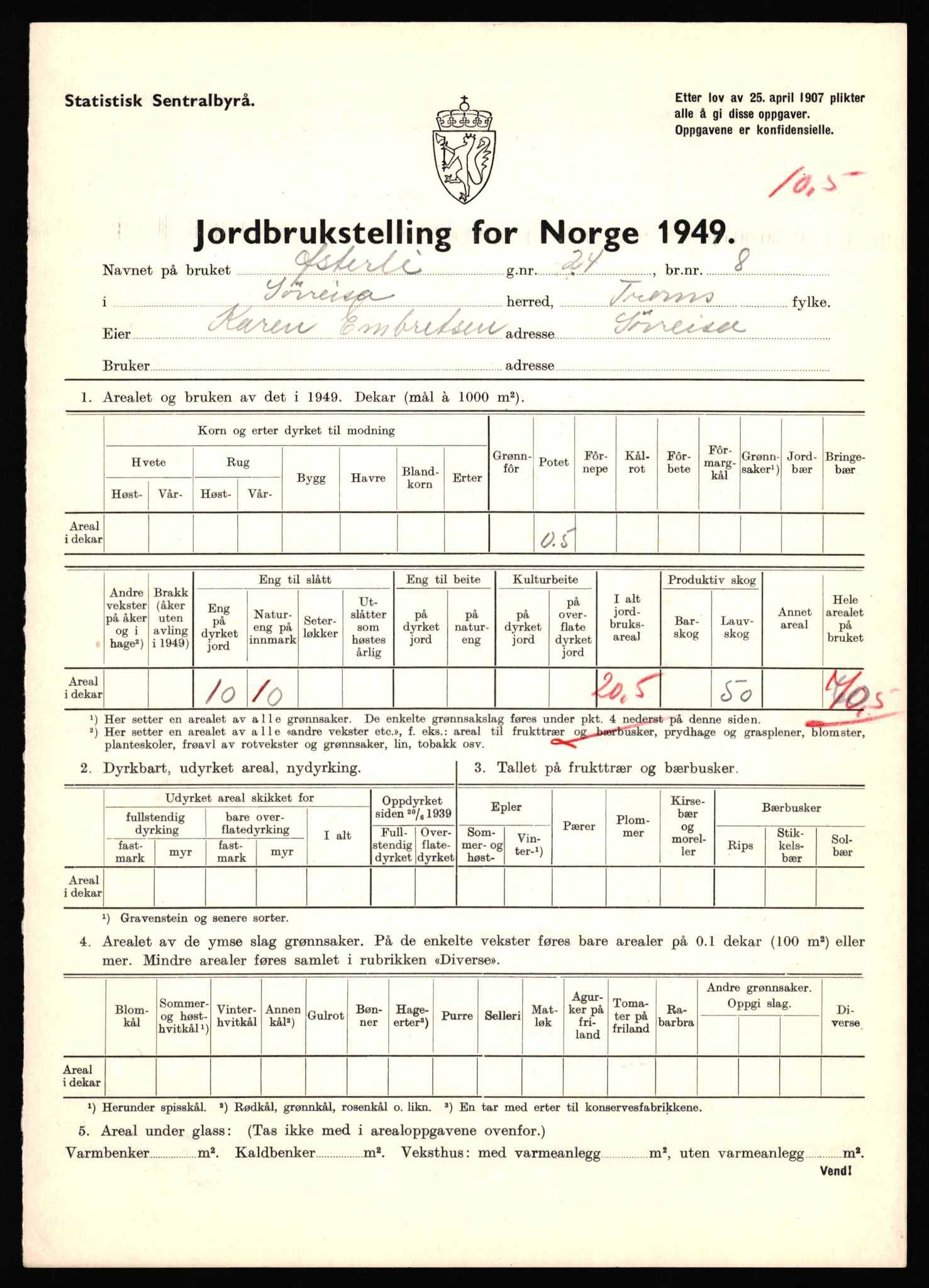 Statistisk sentralbyrå, Næringsøkonomiske emner, Jordbruk, skogbruk, jakt, fiske og fangst, AV/RA-S-2234/G/Gc/L0440: Troms: Sørreisa og Dyrøy, 1949, p. 300