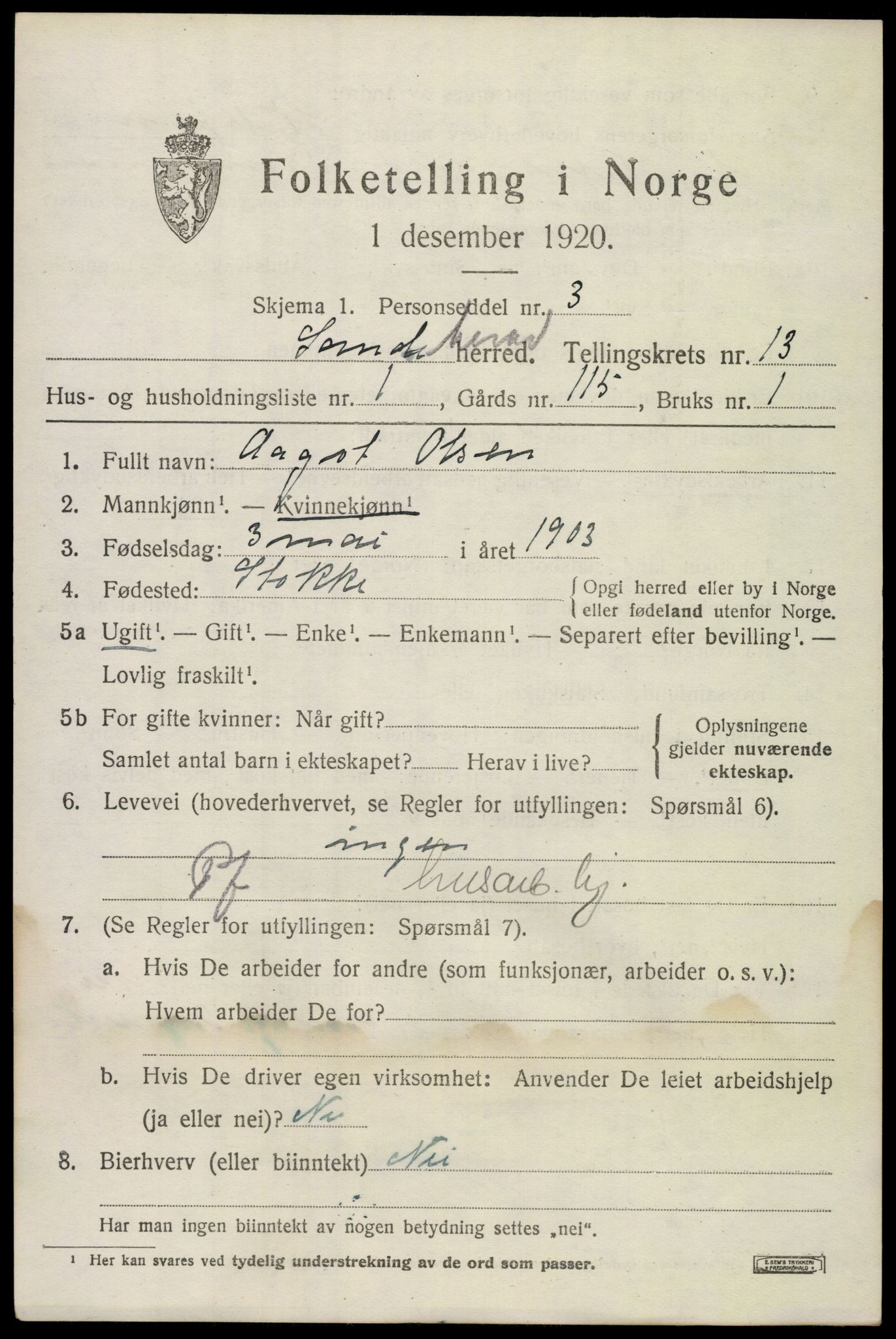 SAKO, 1920 census for Sandeherred, 1920, p. 19102