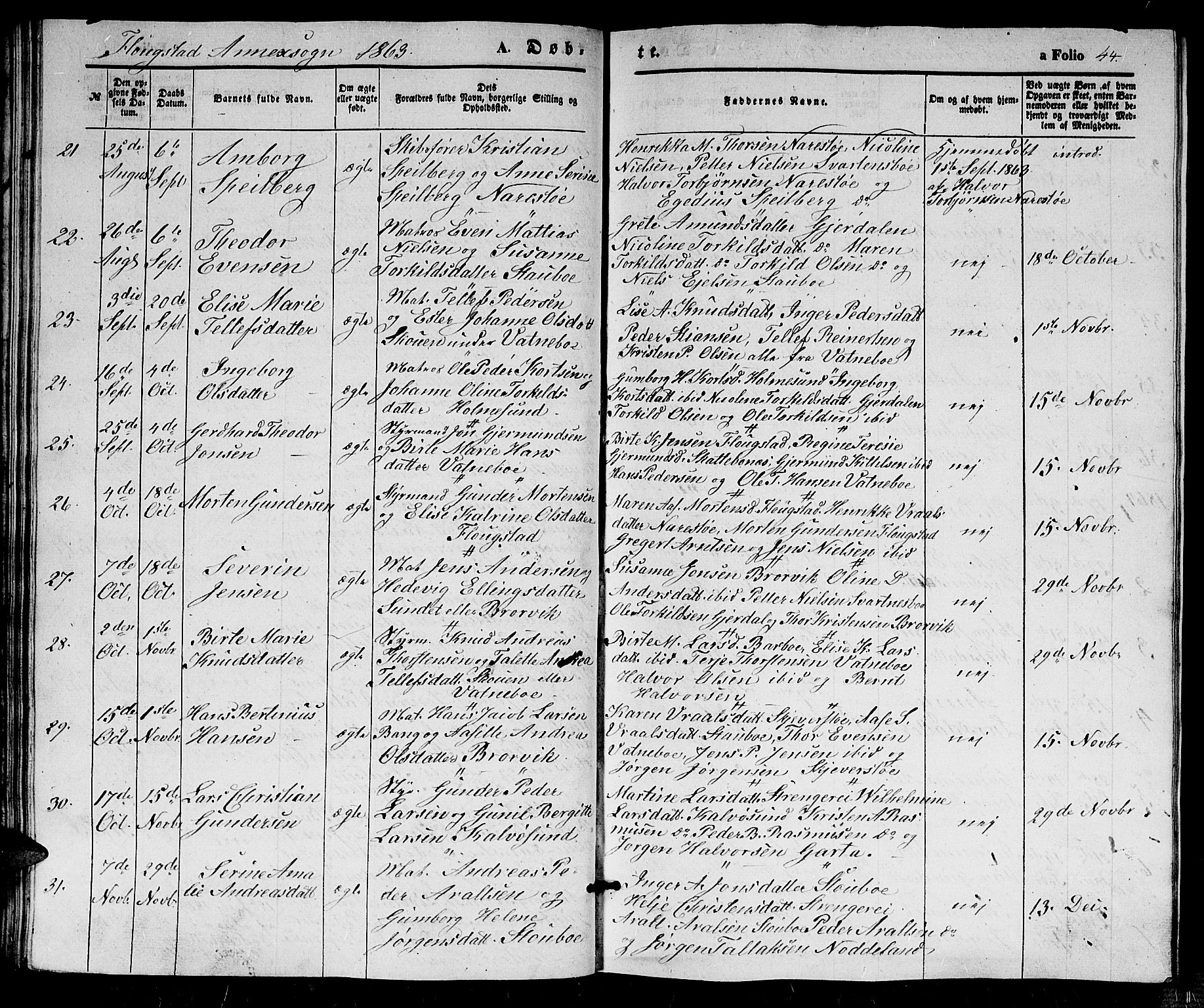 Dypvåg sokneprestkontor, AV/SAK-1111-0007/F/Fb/Fbb/L0002: Parish register (copy) no. B 2, 1851-1871, p. 44