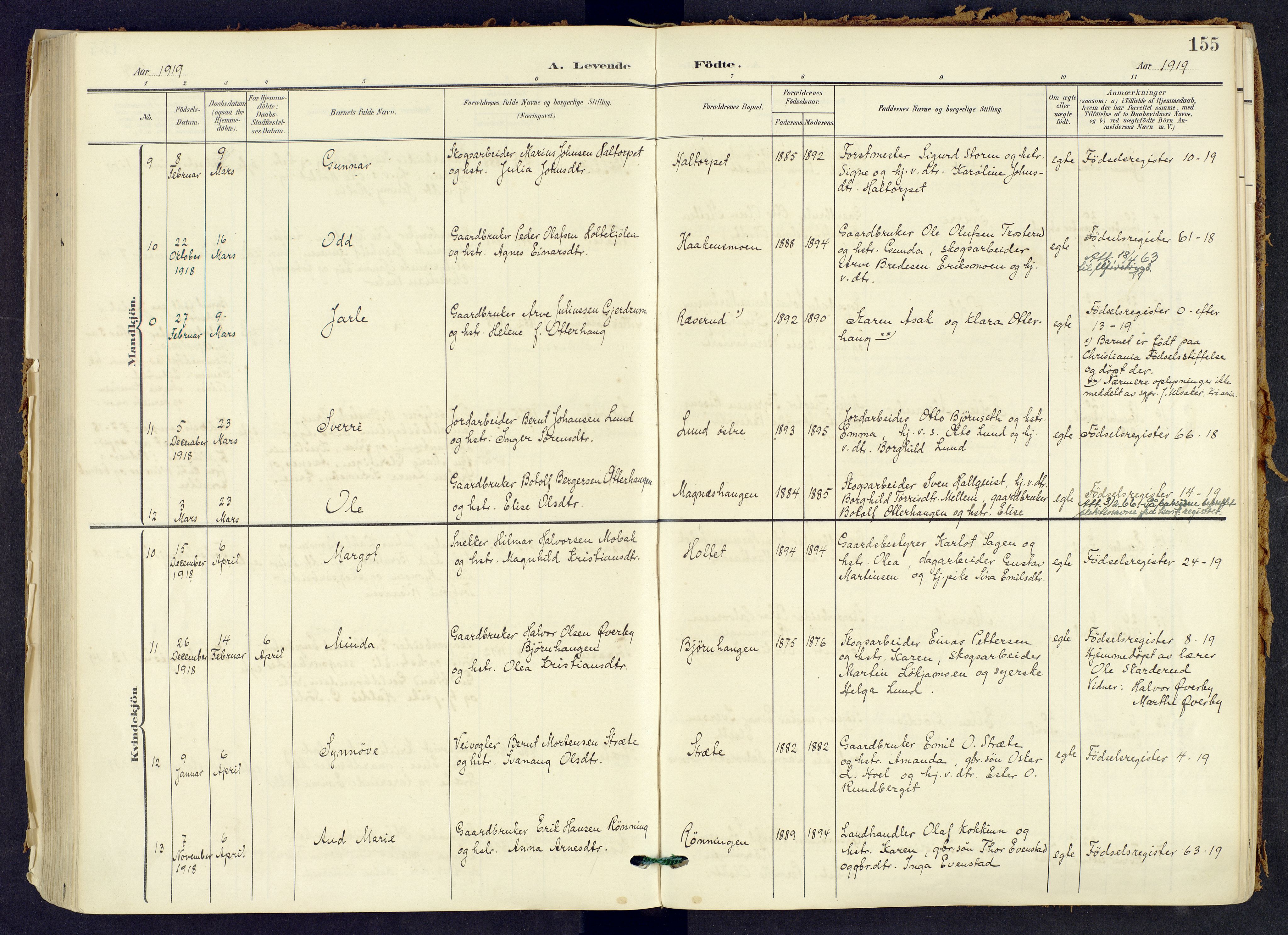 Våler prestekontor, Hedmark, AV/SAH-PREST-040/H/Ha/Haa/L0008: Parish register (official) no. 8, 1905-1921, p. 155