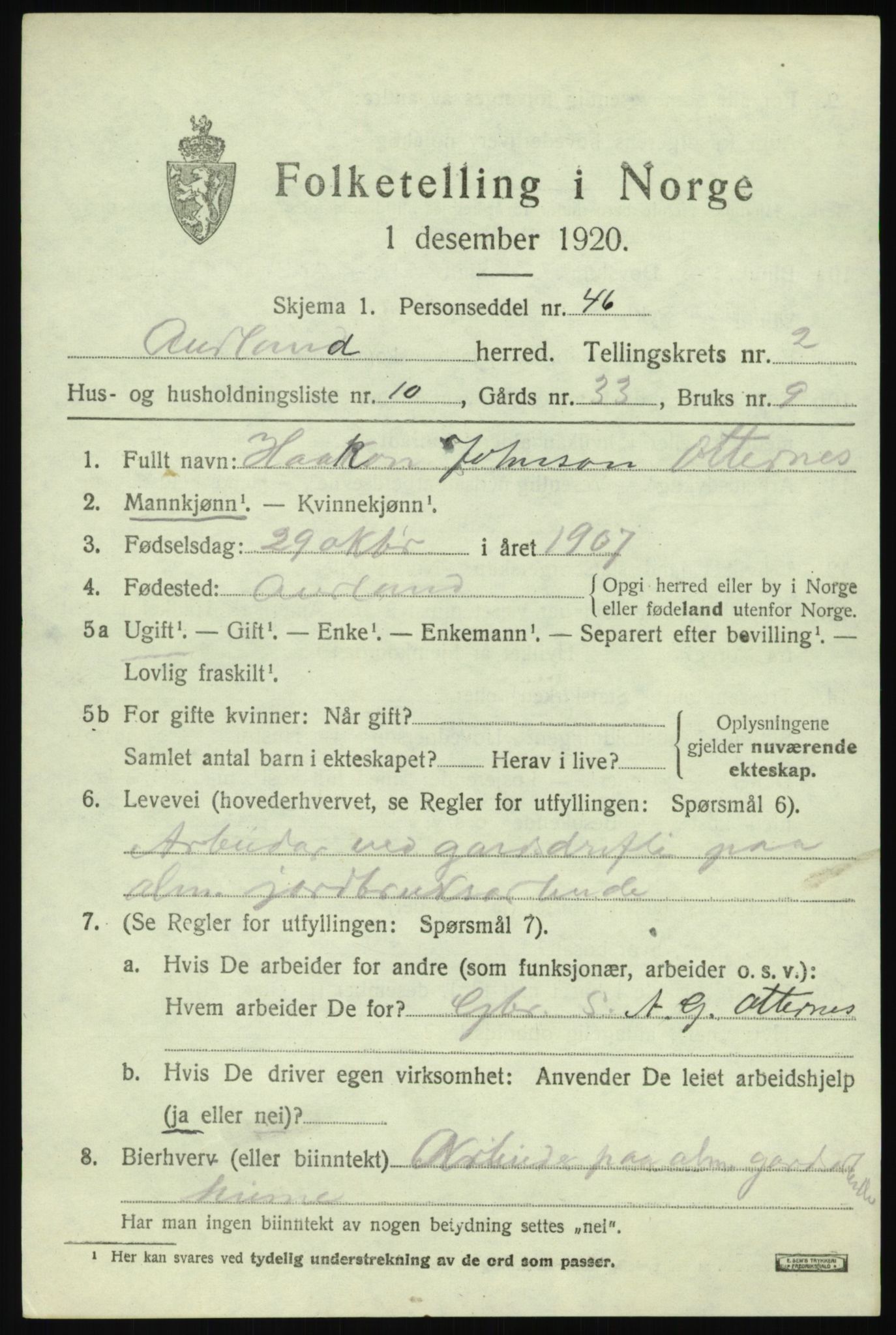 SAB, 1920 census for Aurland, 1920, p. 1920