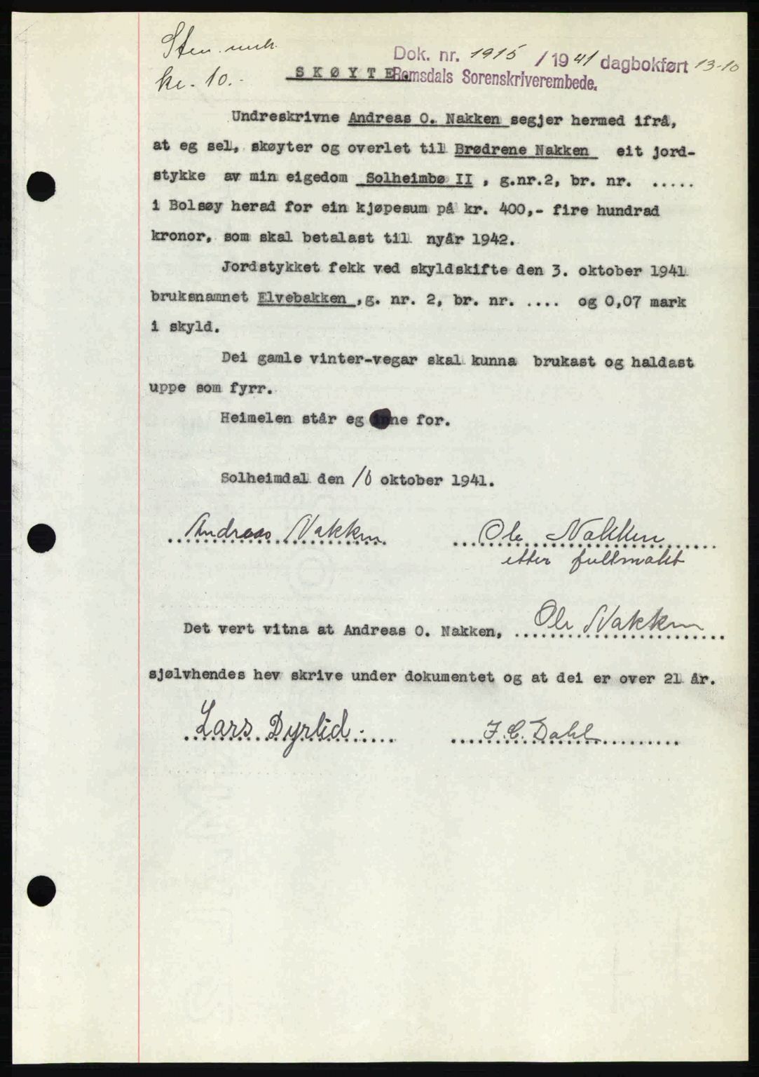 Romsdal sorenskriveri, AV/SAT-A-4149/1/2/2C: Mortgage book no. A11, 1941-1942, Diary no: : 1915/1941