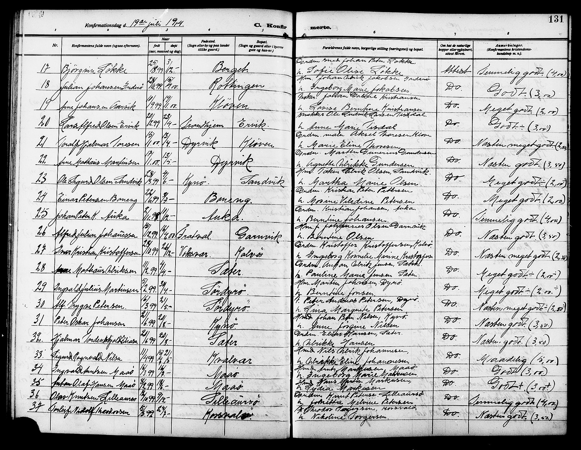 Ministerialprotokoller, klokkerbøker og fødselsregistre - Sør-Trøndelag, SAT/A-1456/640/L0588: Parish register (copy) no. 640C05, 1909-1922, p. 131