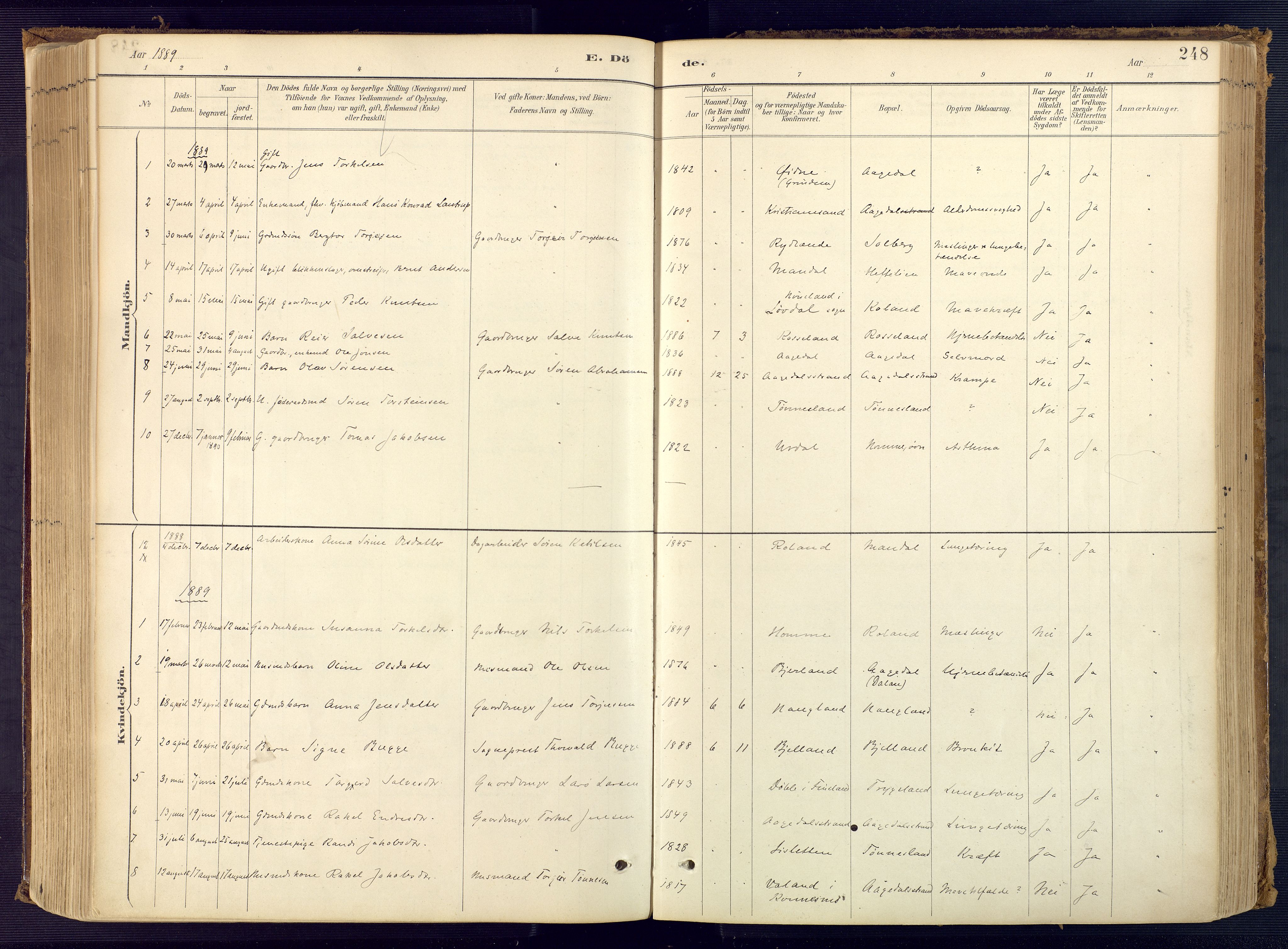 Bjelland sokneprestkontor, SAK/1111-0005/F/Fa/Faa/L0004: Parish register (official) no. A 4, 1887-1923, p. 248