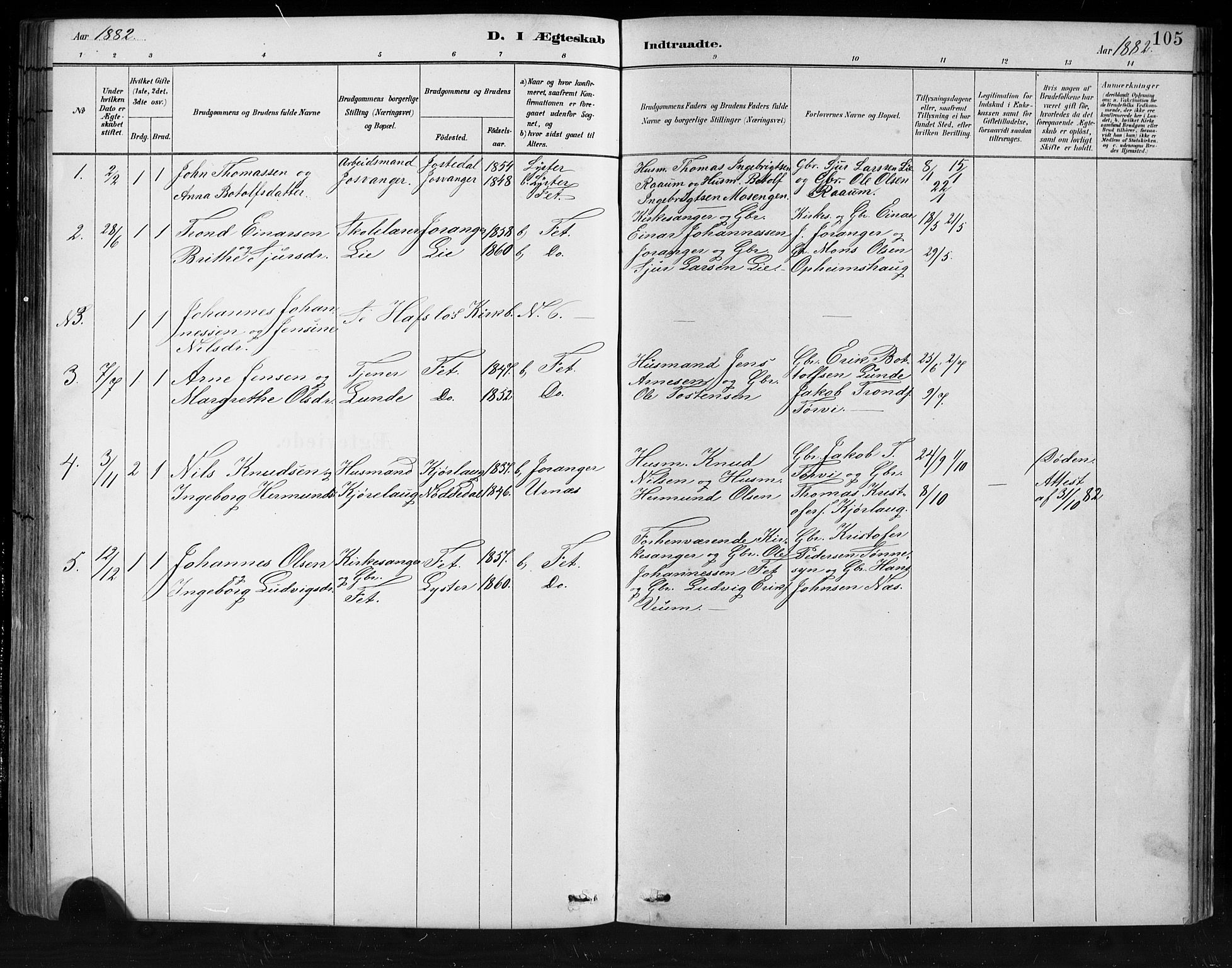 Jostedal sokneprestembete, SAB/A-80601/H/Hab/Habb/L0001: Parish register (copy) no. B 1, 1882-1921, p. 105