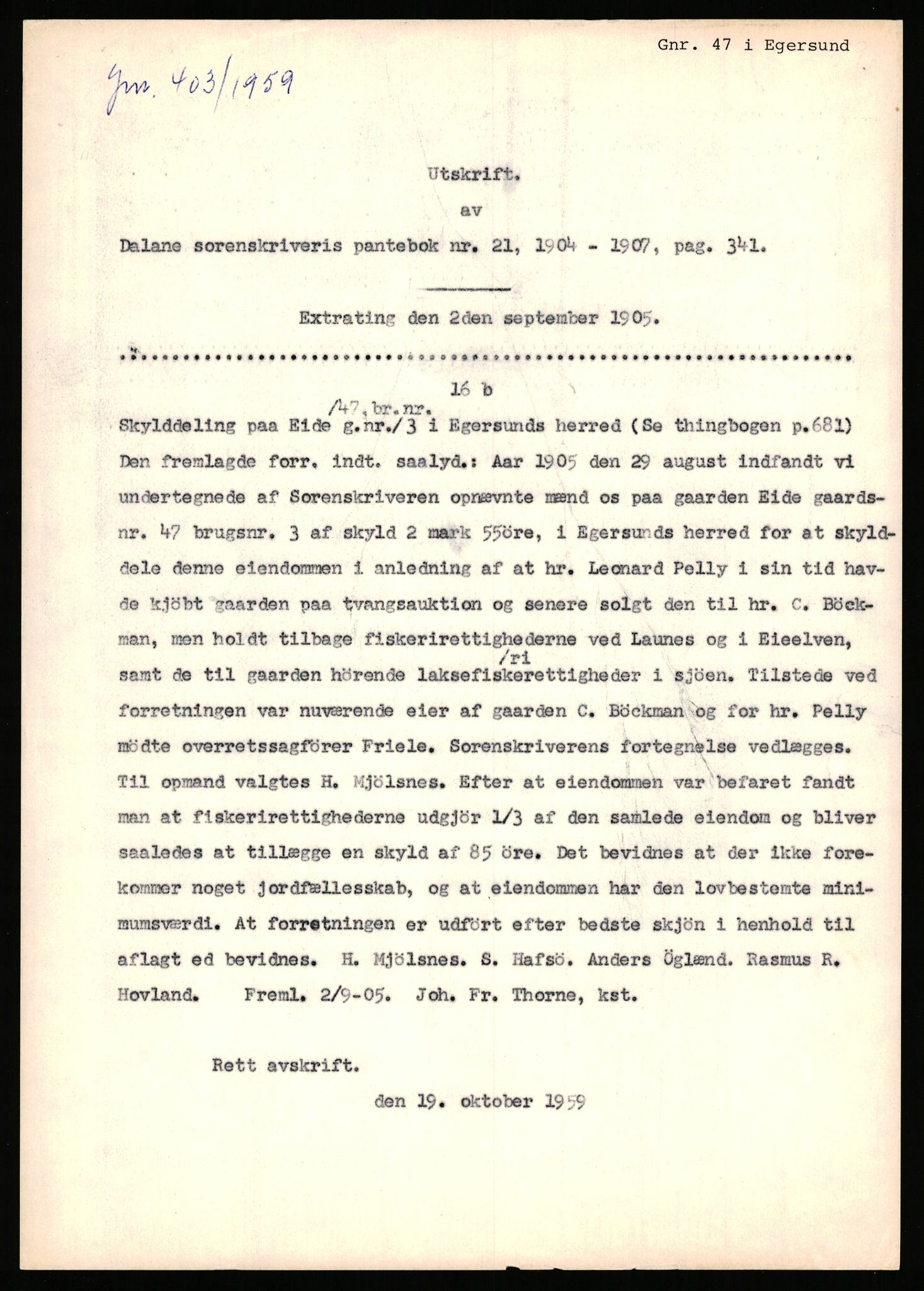 Statsarkivet i Stavanger, SAST/A-101971/03/Y/Yj/L0015: Avskrifter sortert etter gårdsnavn: Dysje - Eide, 1750-1930, p. 647