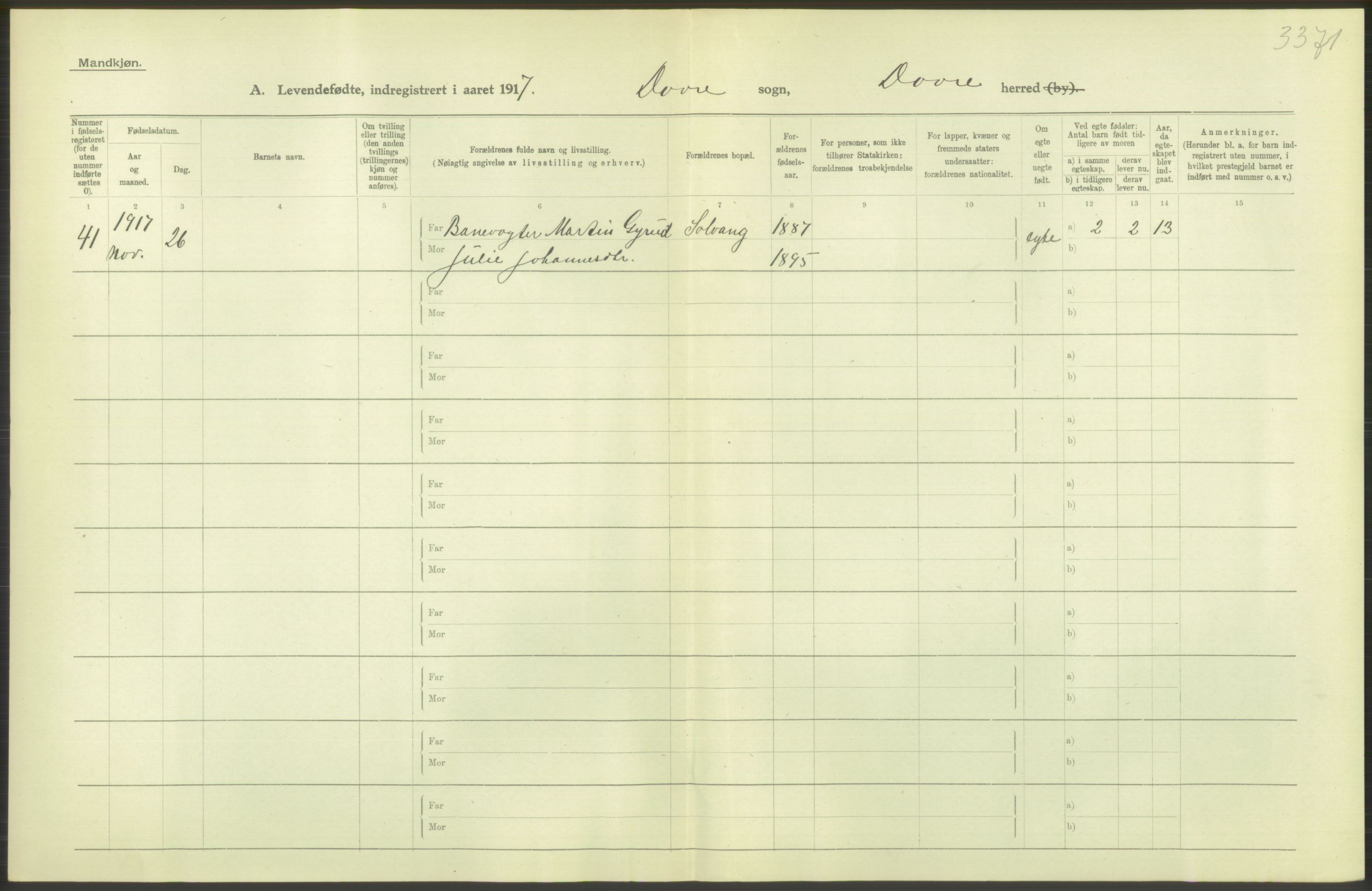 Statistisk sentralbyrå, Sosiodemografiske emner, Befolkning, RA/S-2228/D/Df/Dfb/Dfbg/L0015: Kristians amt: Levendefødte menn og kvinner. Bygder., 1917, p. 344