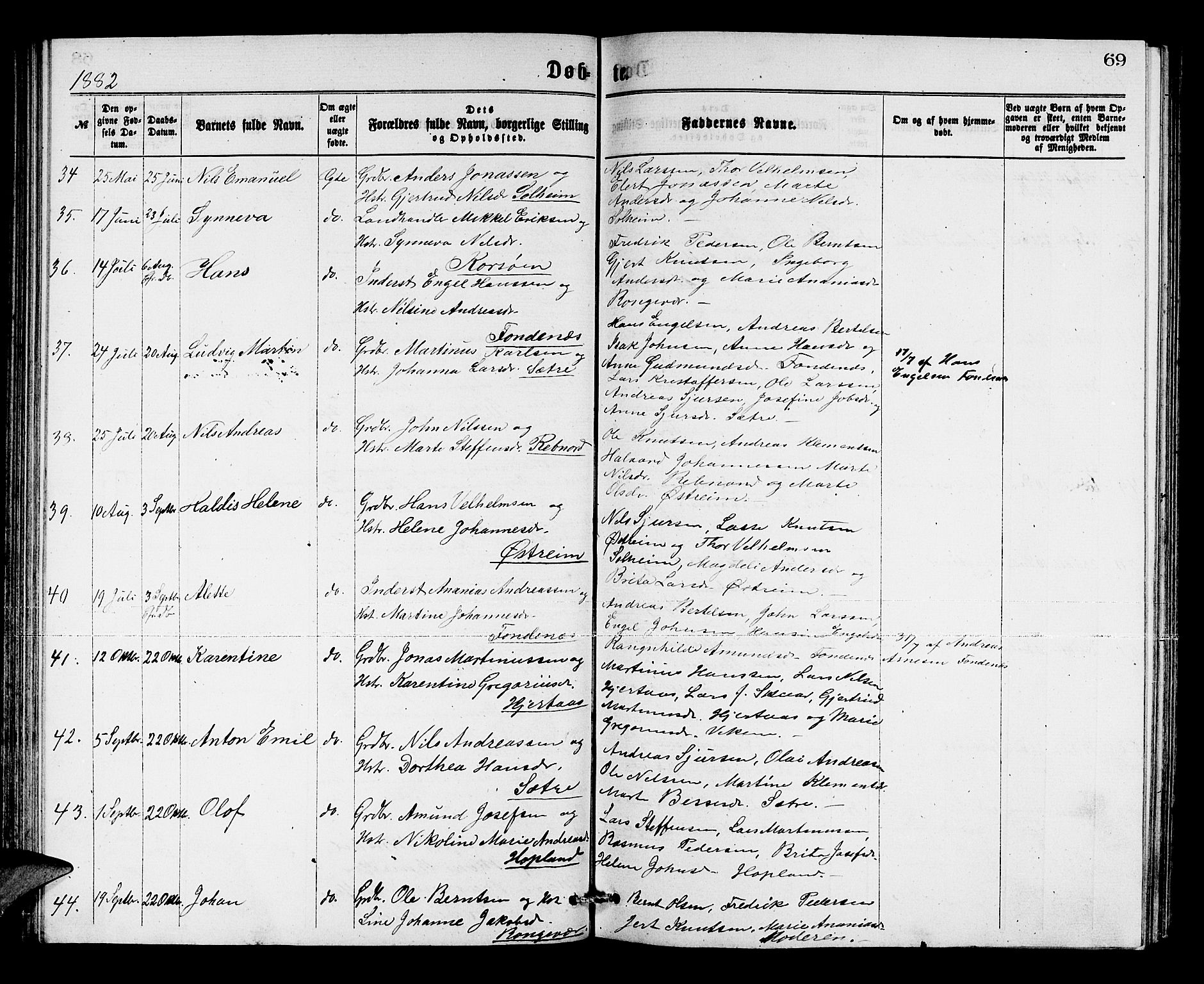 Lindås Sokneprestembete, AV/SAB-A-76701/H/Hab/Habc/L0002: Parish register (copy) no. C 2, 1868-1885, p. 69