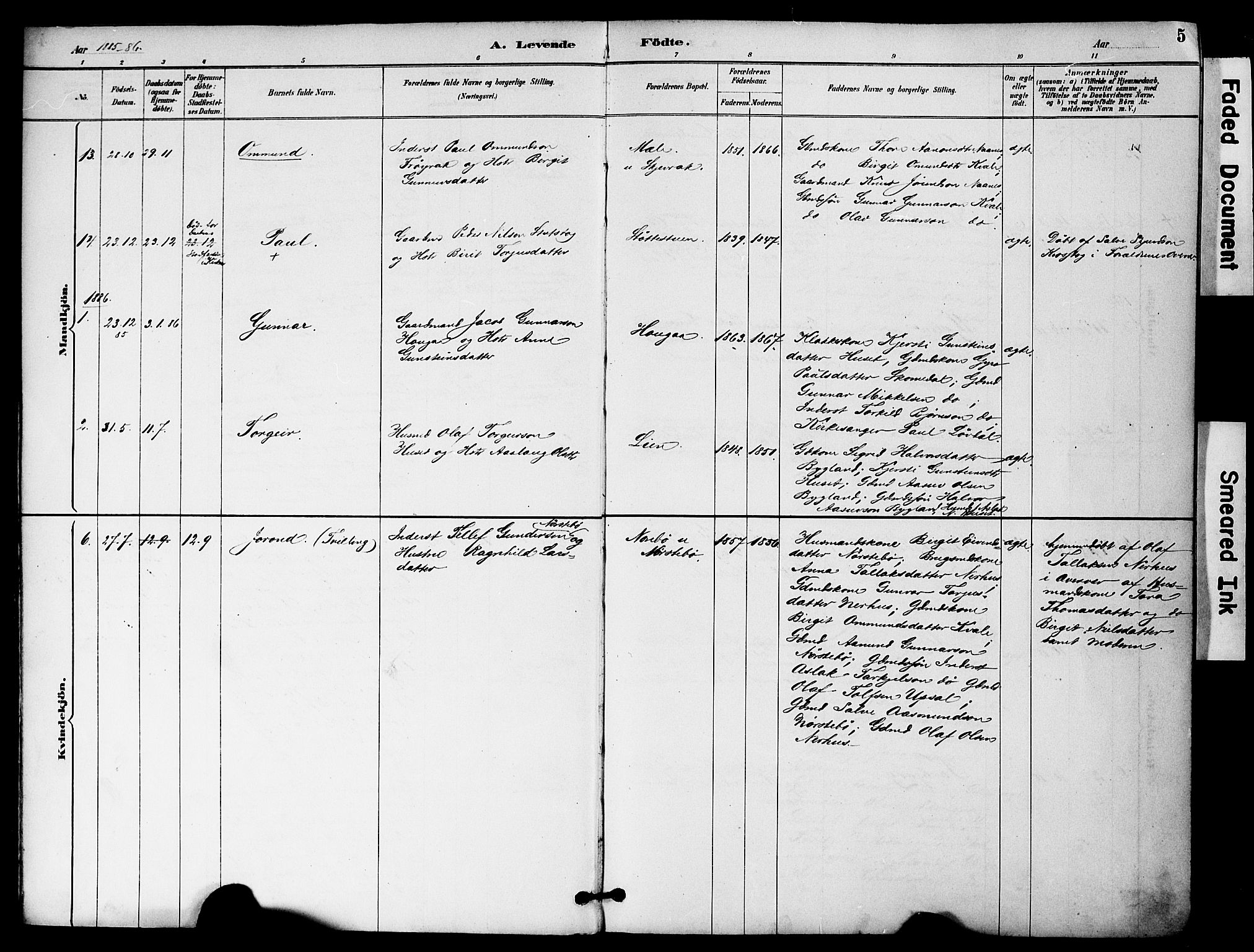 Bygland sokneprestkontor, AV/SAK-1111-0006/F/Fa/Fab/L0007: Parish register (official) no. A 7, 1885-1909, p. 5