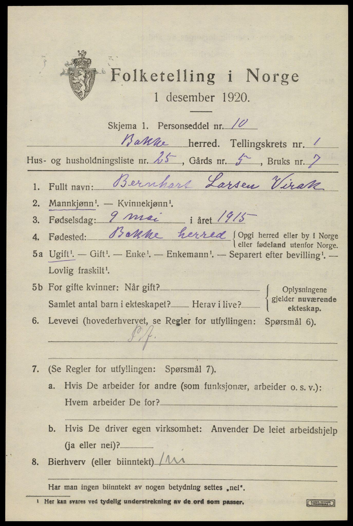 SAK, 1920 census for Bakke, 1920, p. 838