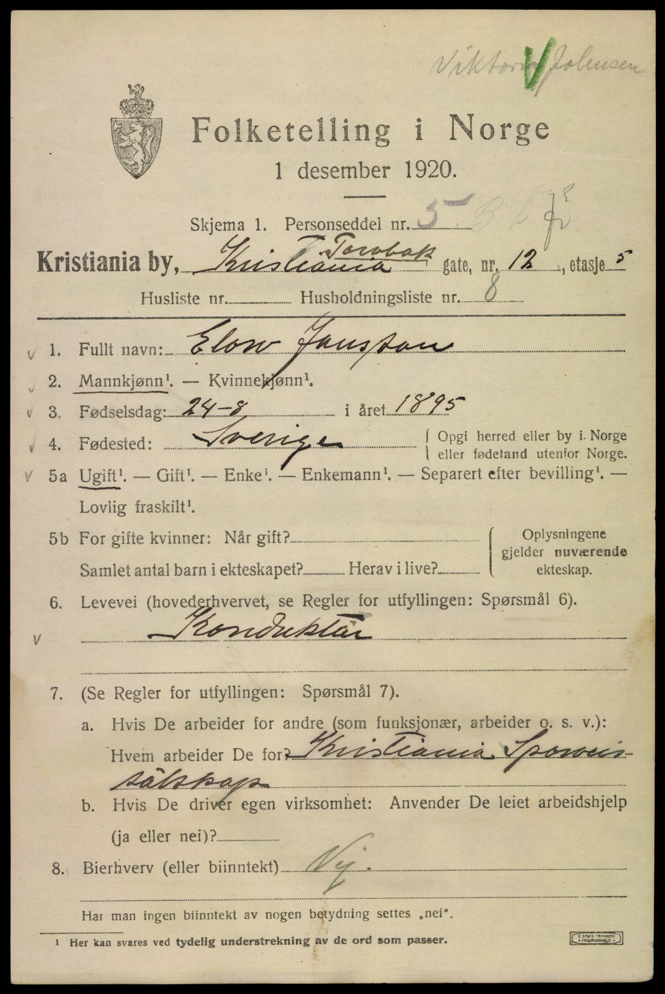 SAO, 1920 census for Kristiania, 1920, p. 593801