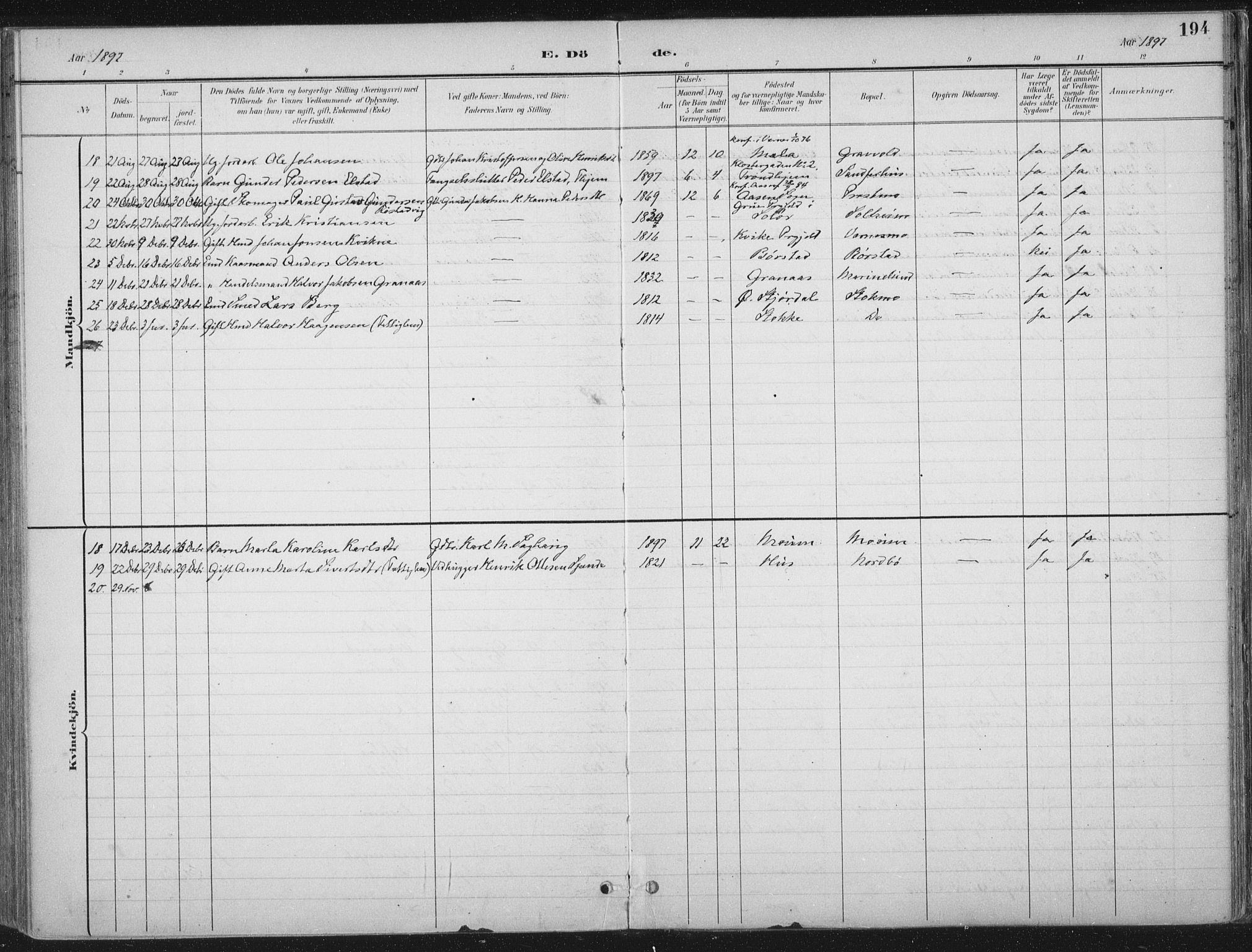 Ministerialprotokoller, klokkerbøker og fødselsregistre - Nord-Trøndelag, SAT/A-1458/709/L0082: Parish register (official) no. 709A22, 1896-1916, p. 194