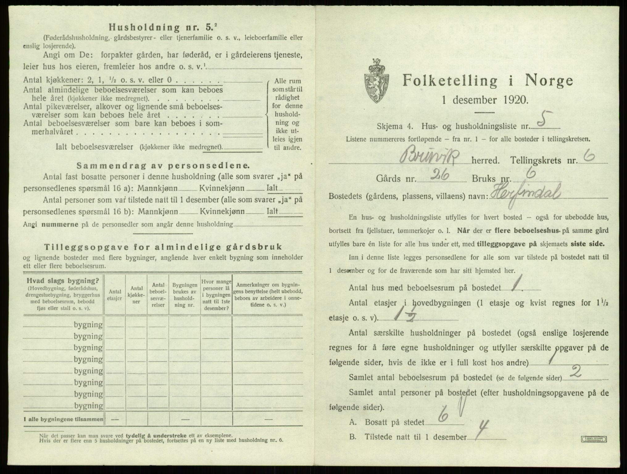 SAB, 1920 census for Bruvik, 1920, p. 412