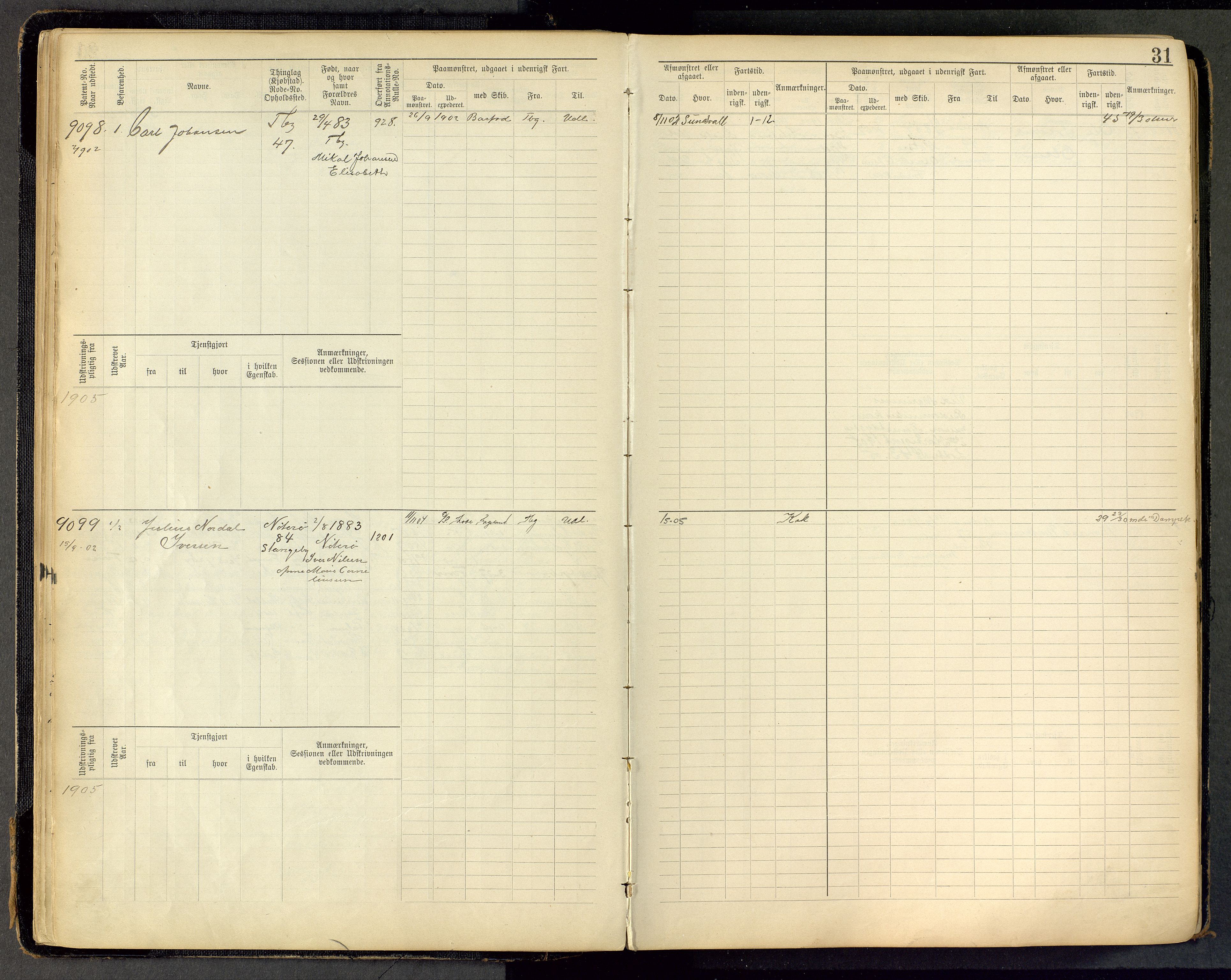 Tønsberg innrulleringskontor, AV/SAKO-A-786/F/Fc/Fca/L0011: Hovedrulle Patent nr. 9038-9992, 1900-1912, p. 31