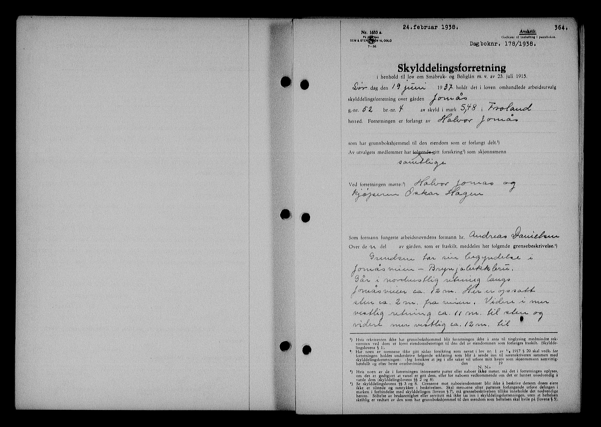 Nedenes sorenskriveri, SAK/1221-0006/G/Gb/Gba/L0044: Mortgage book no. 40, 1937-1938, Diary no: : 178/1938