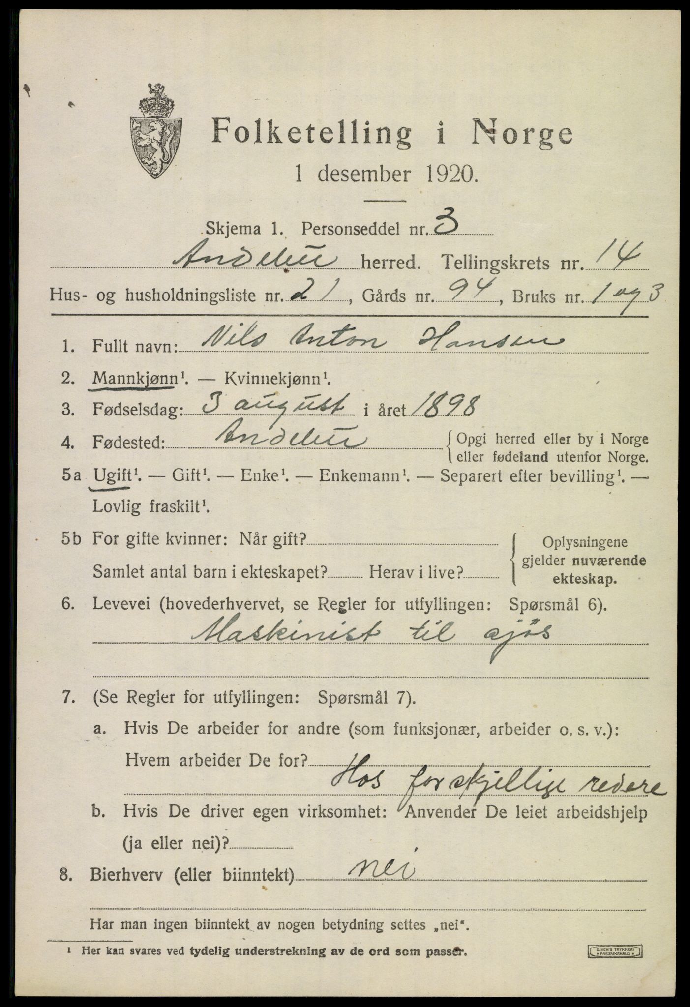 SAKO, 1920 census for Andebu, 1920, p. 5308