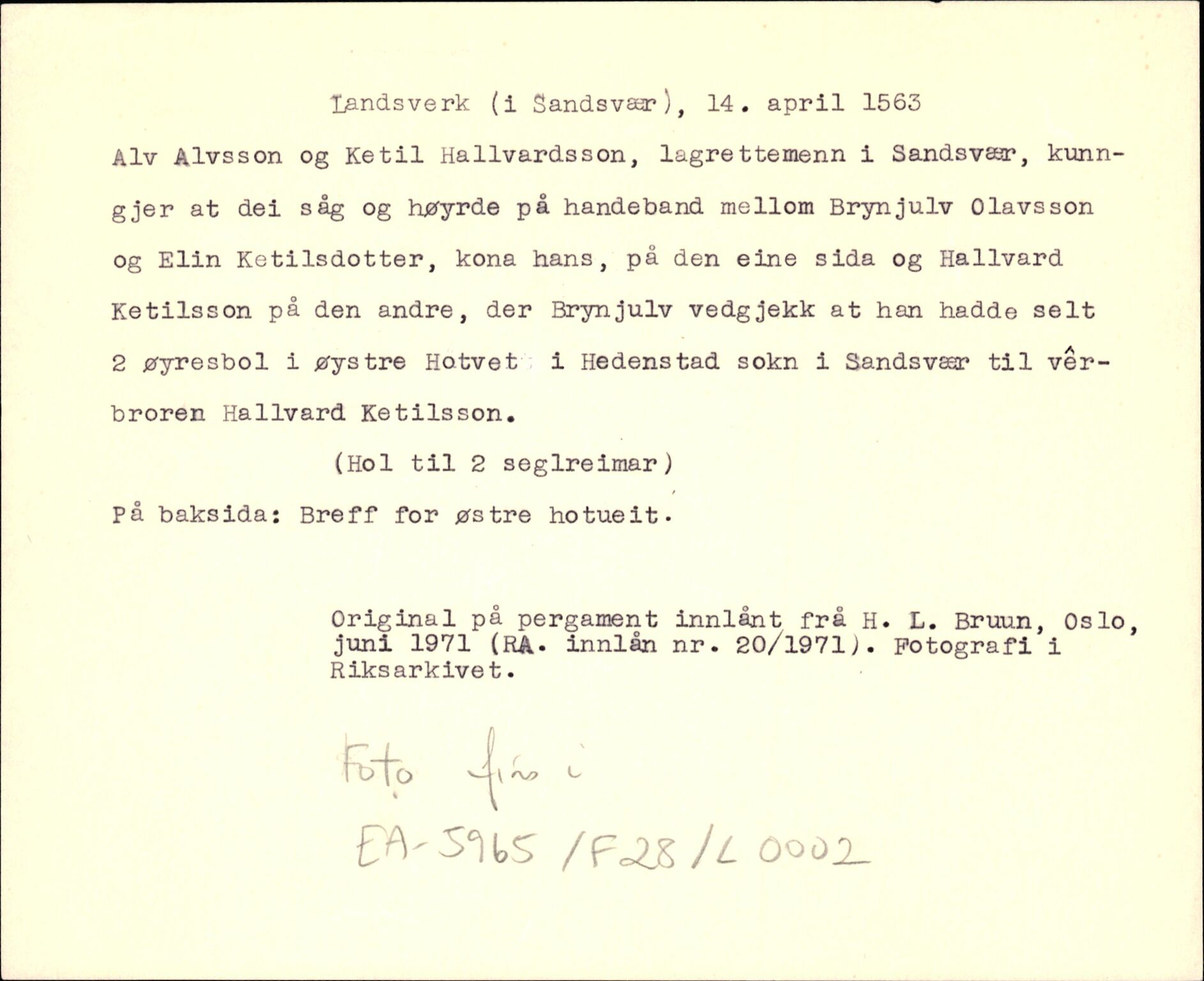 Riksarkivets diplomsamling, AV/RA-EA-5965/F35/F35d/L0001: Innlånte diplomer, seddelregister, 1316-1591, p. 325