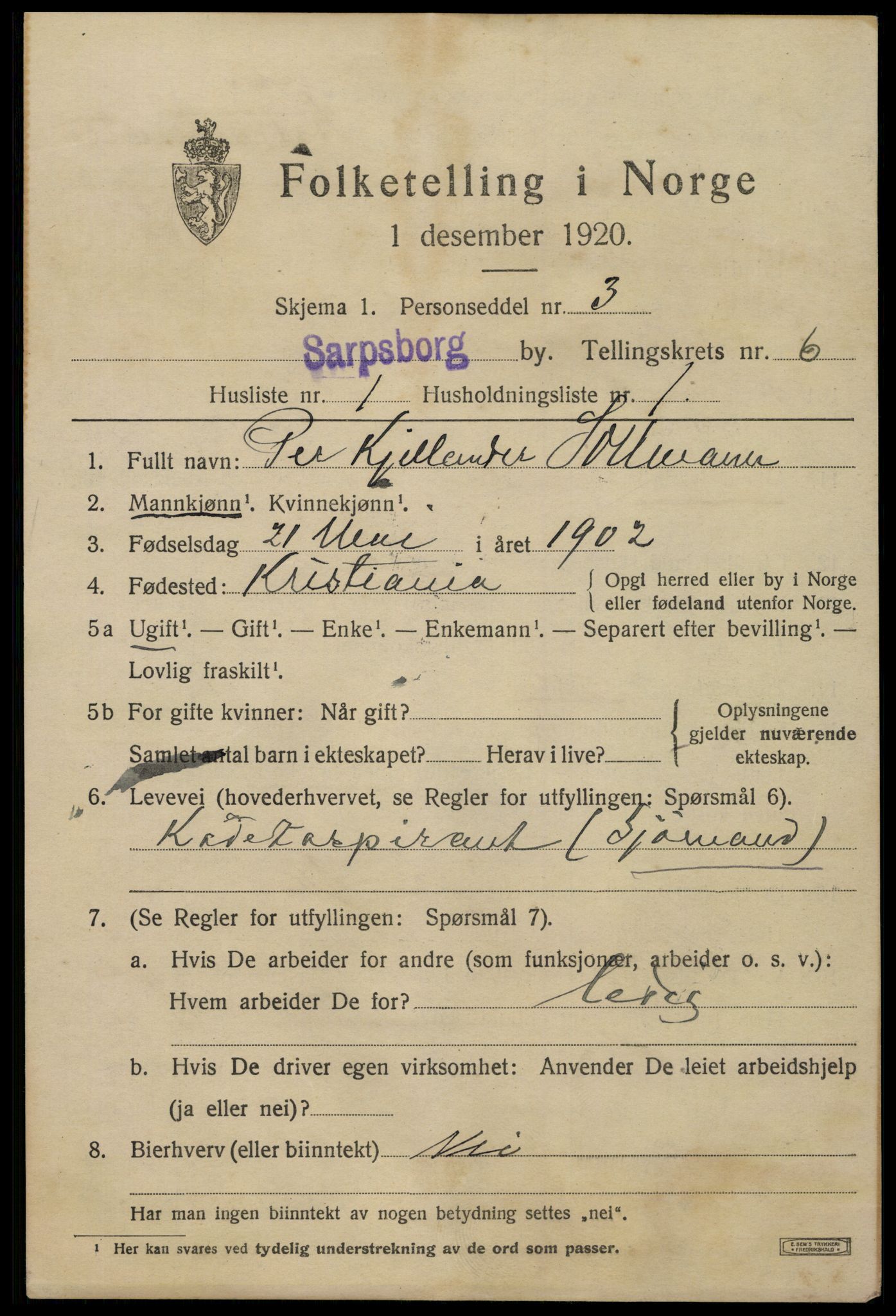 SAO, 1920 census for Sarpsborg, 1920, p. 14806