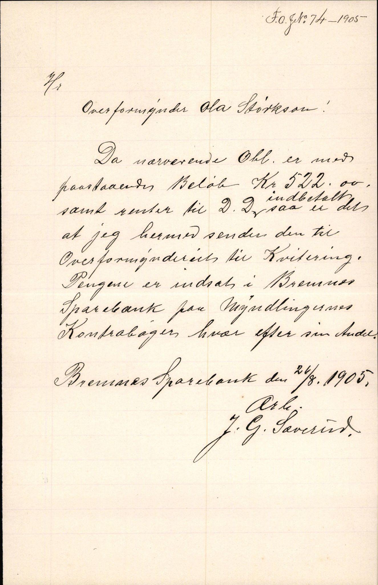 Finnaas kommune. Overformynderiet, IKAH/1218a-812/D/Da/Daa/L0002/0003: Kronologisk ordna korrespondanse / Kronologisk ordna korrespondanse, 1905-1909, p. 29