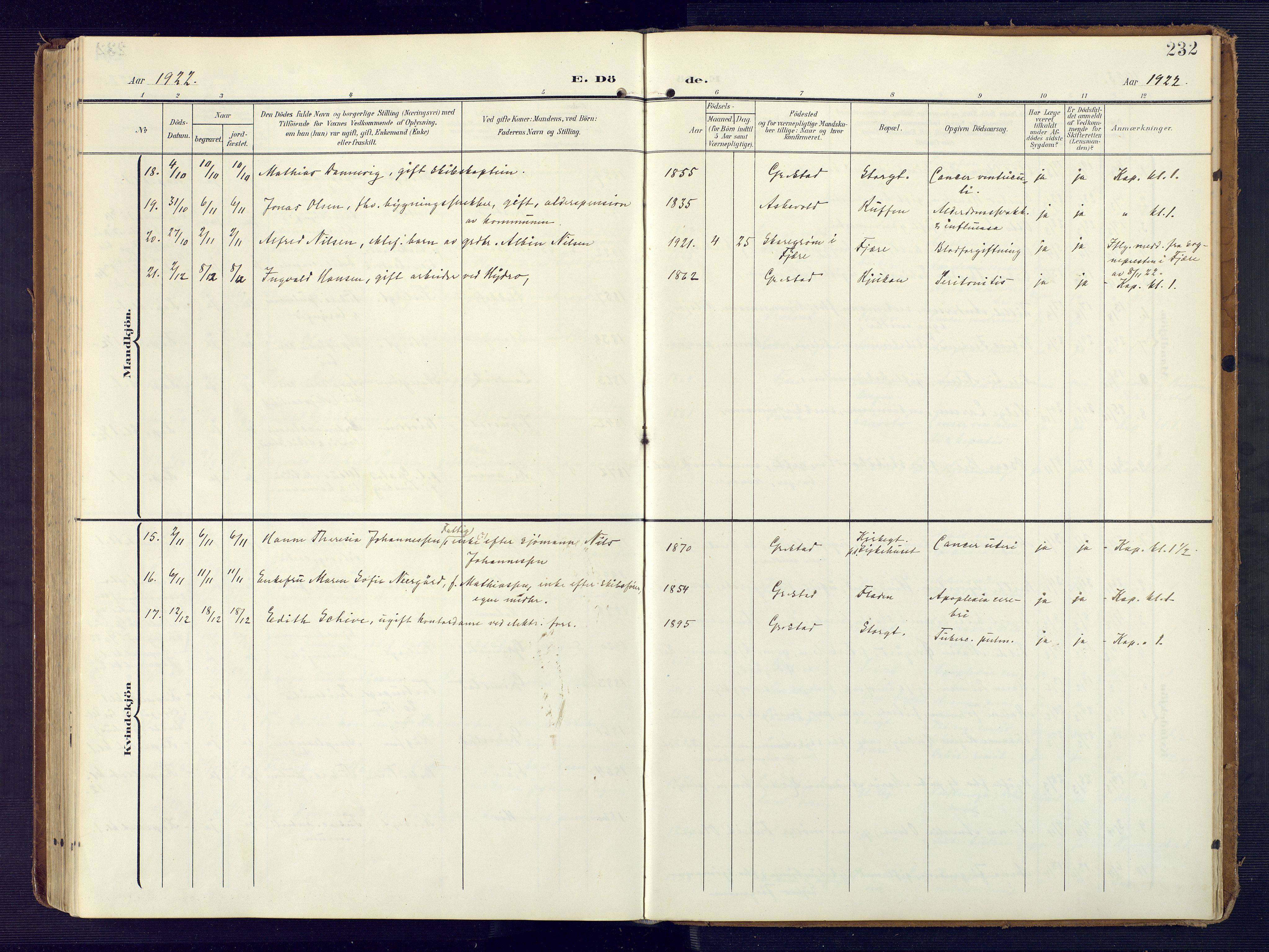 Grimstad sokneprestkontor, AV/SAK-1111-0017/F/Fa/L0005: Parish register (official) no. A 4, 1911-1924, p. 232