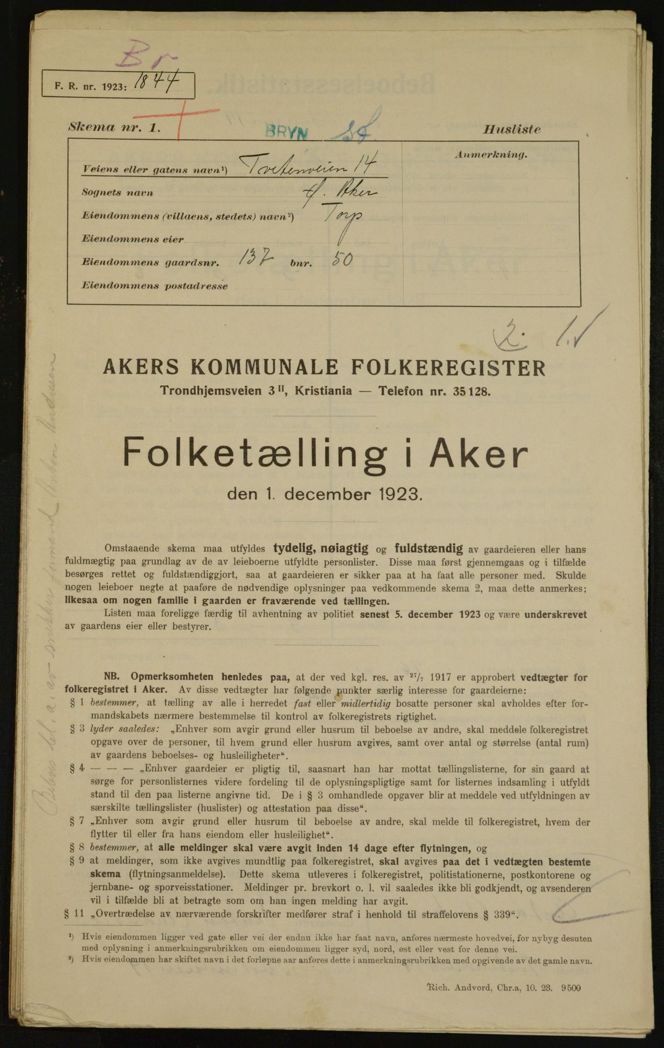 , Municipal Census 1923 for Aker, 1923, p. 34236