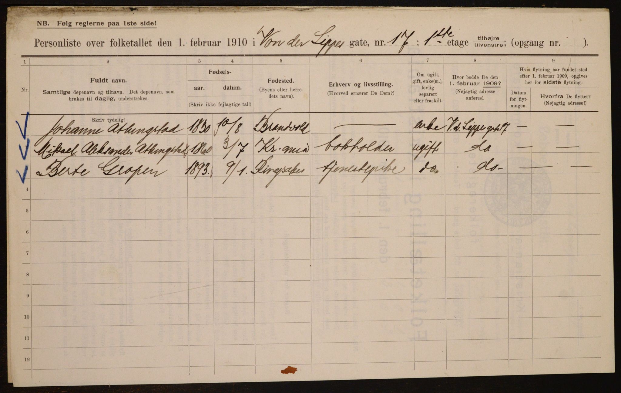 OBA, Municipal Census 1910 for Kristiania, 1910, p. 118887