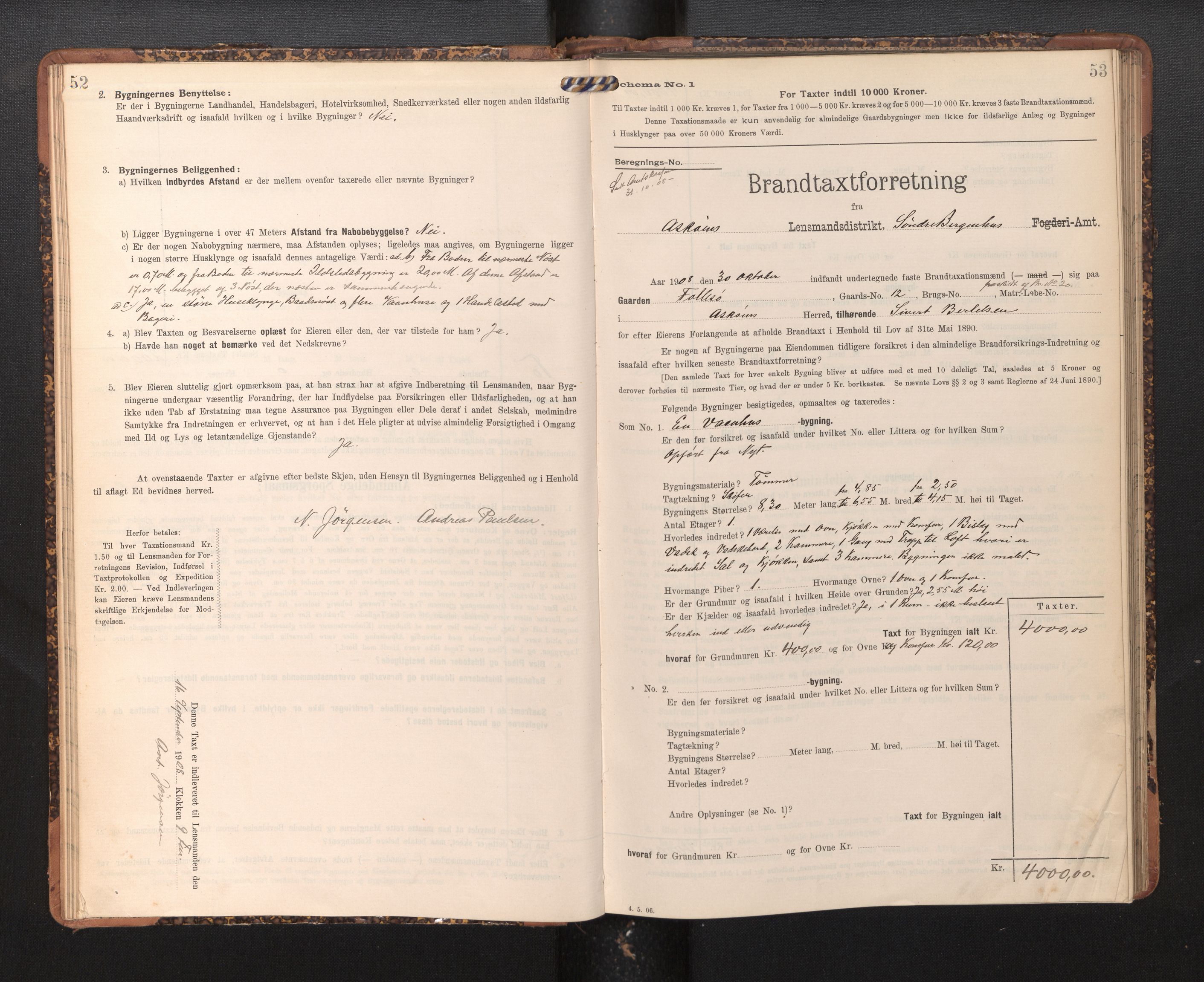 Lensmannen i Askøy, SAB/A-31001/0012/L0005: Branntakstprotokoll, skjematakst, 1907-1915, p. 52-53