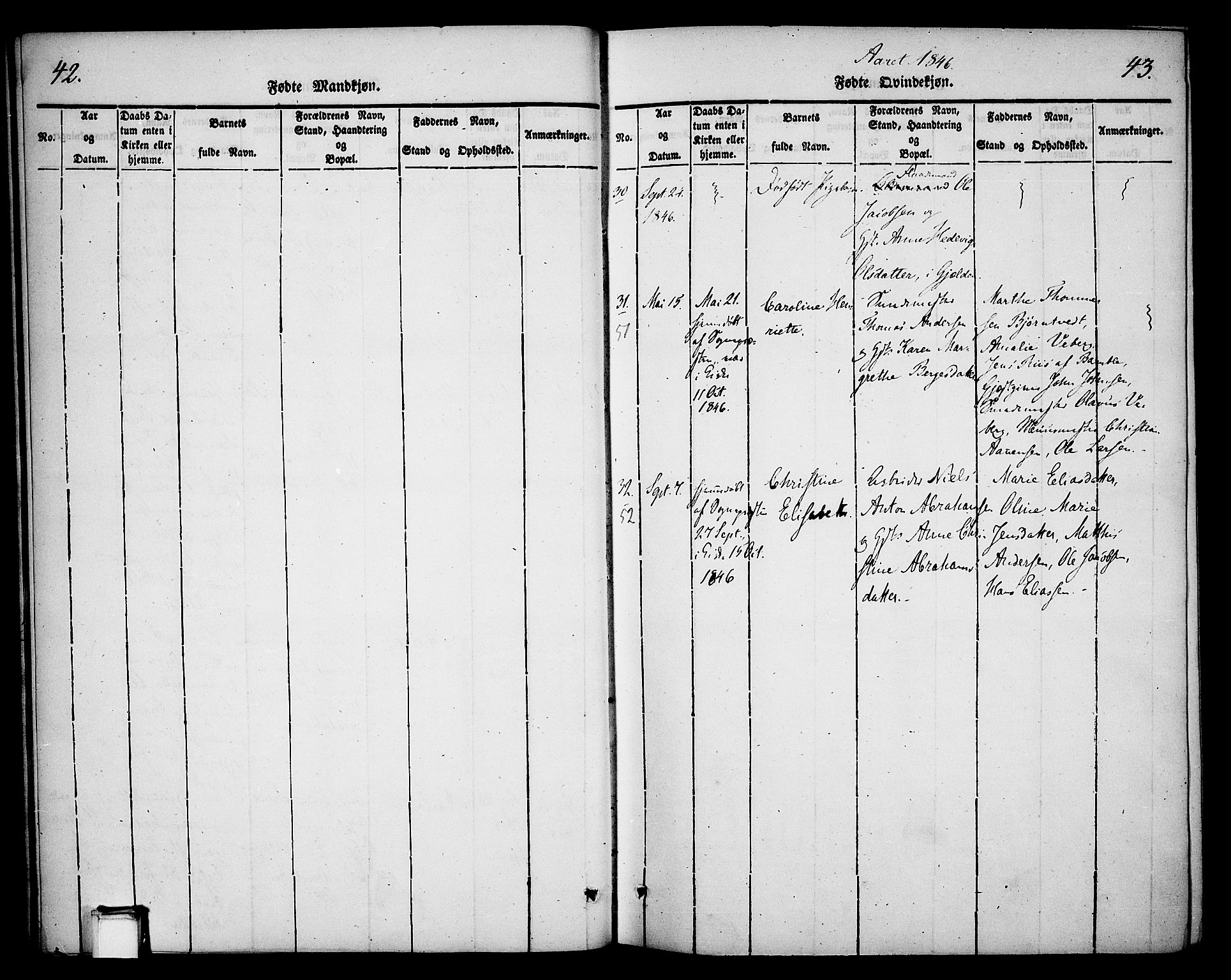 Skien kirkebøker, SAKO/A-302/F/Fa/L0006b: Parish register (official) no. 6B, 1843-1846, p. 42-43
