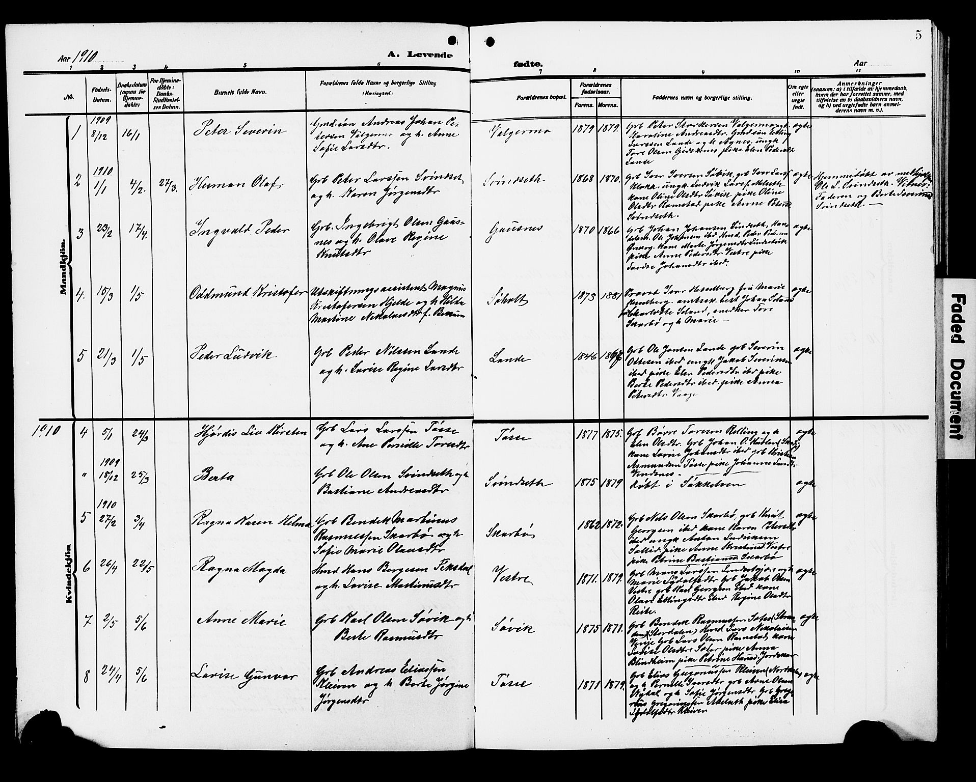 Ministerialprotokoller, klokkerbøker og fødselsregistre - Møre og Romsdal, SAT/A-1454/522/L0328: Parish register (copy) no. 522C07, 1909-1925, p. 5