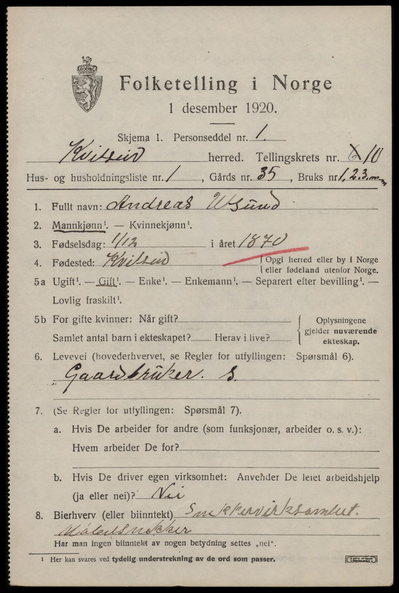 SAKO, 1920 census for Kviteseid, 1920, p. 4671