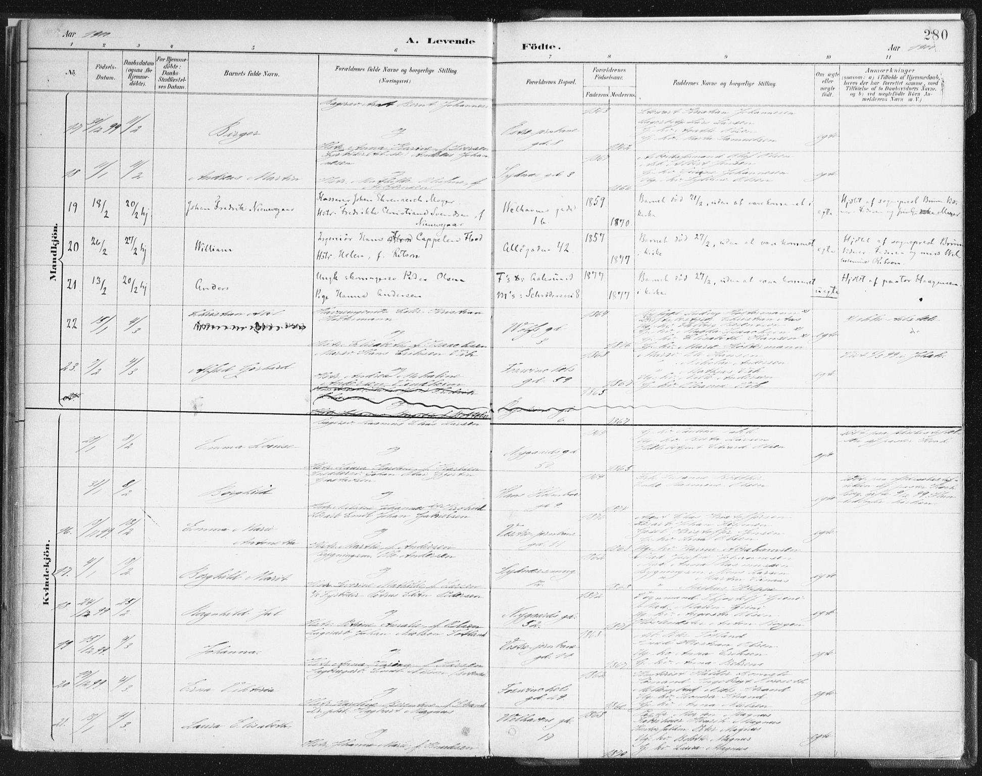 Johanneskirken sokneprestembete, AV/SAB-A-76001/H/Haa/L0001: Parish register (official) no. A 1, 1885-1900, p. 280