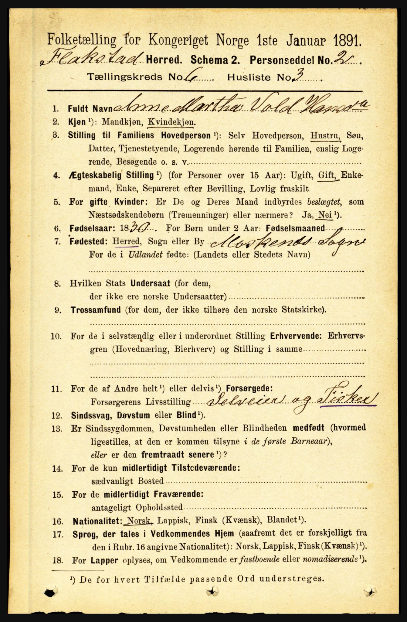 RA, 1891 census for 1859 Flakstad, 1891, p. 2958