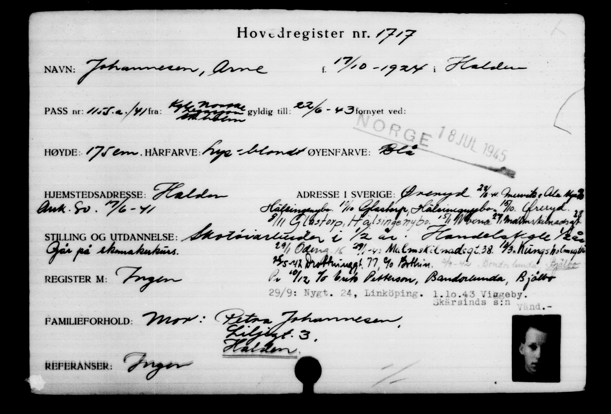Utenriksstasjonene, Legasjonen i Stockholm, Flyktningkontoret, AV/RA-S-6753/V/Va/L0002: Kjesäterkartoteket, flyktninger med registreringsnr. 1001-2000, 1940-1945, p. 1013