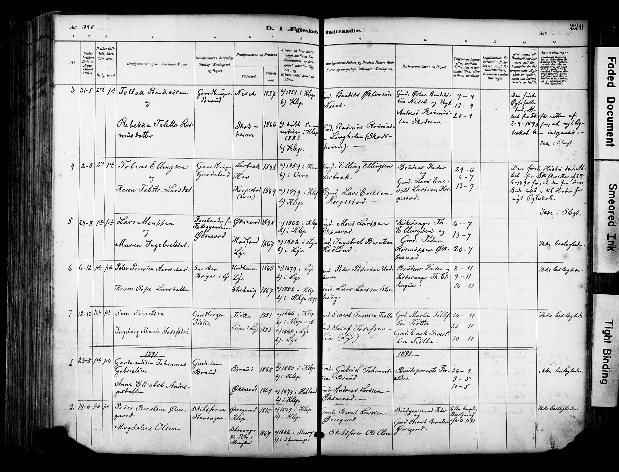 Klepp sokneprestkontor, SAST/A-101803/001/3/30BA/L0009: Parish register (official) no. A 7, 1886-1915, p. 220