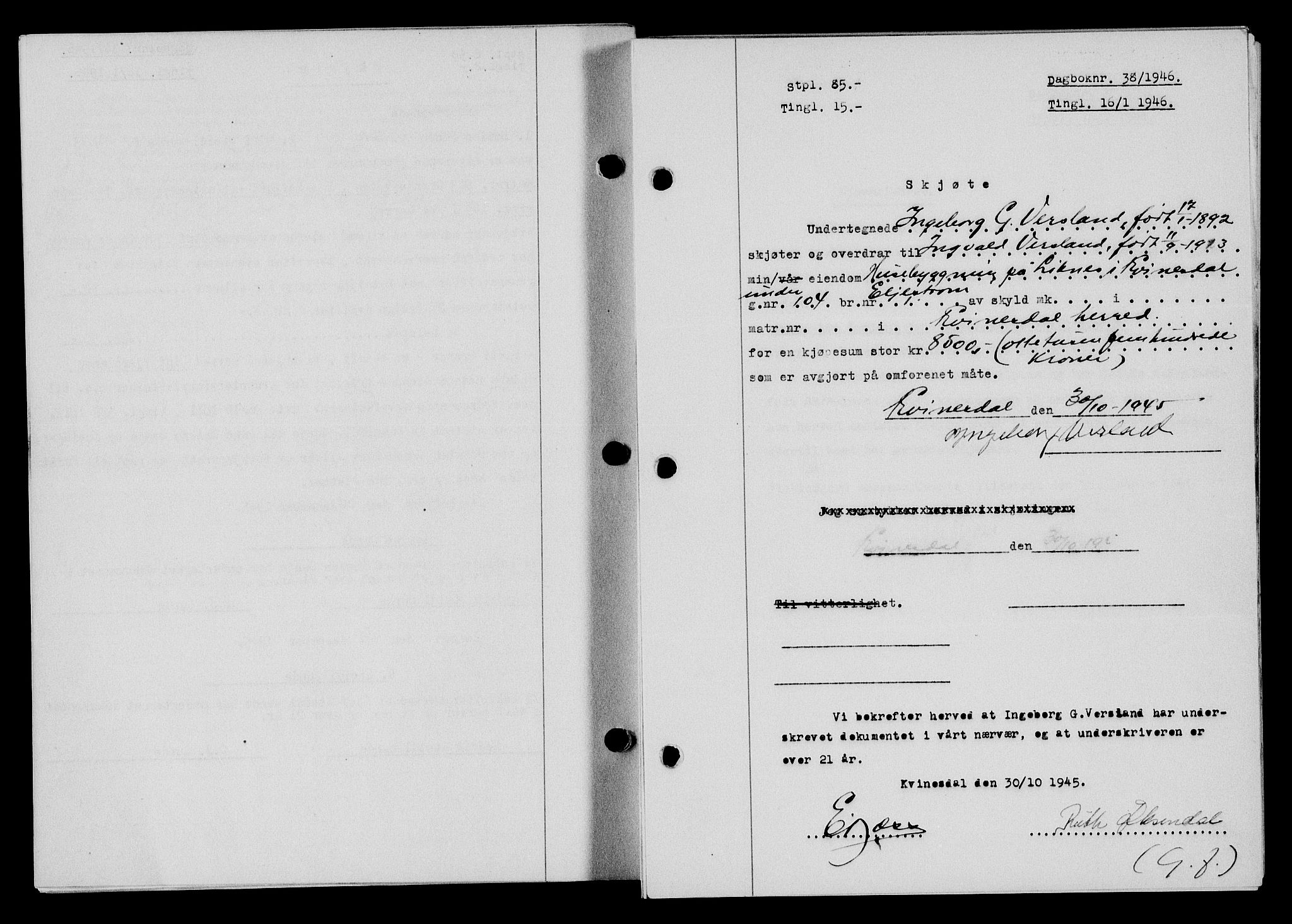 Flekkefjord sorenskriveri, SAK/1221-0001/G/Gb/Gba/L0060: Mortgage book no. A-8, 1945-1946, Diary no: : 38/1946