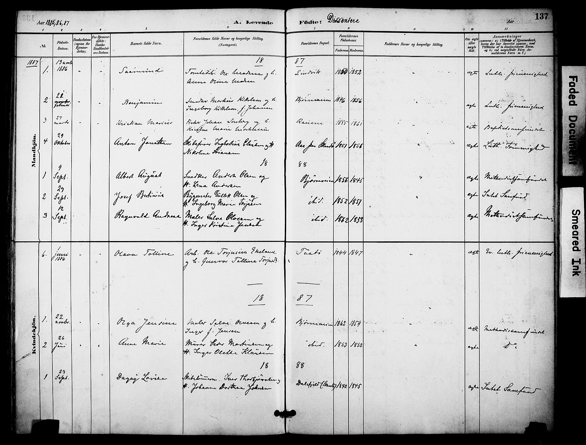 Skåtøy kirkebøker, SAKO/A-304/F/Fa/L0002: Parish register (official) no. I 2, 1884-1899, p. 137