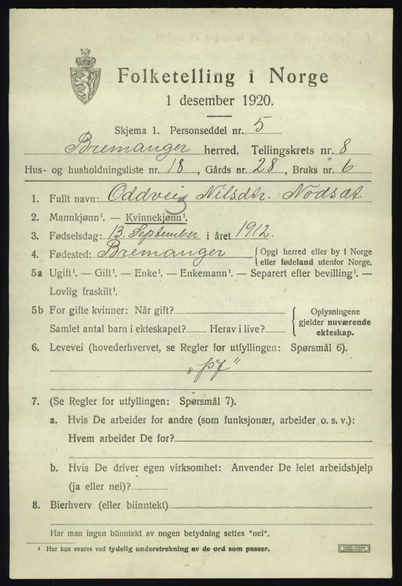 SAB, 1920 census for Bremanger, 1920, p. 5010