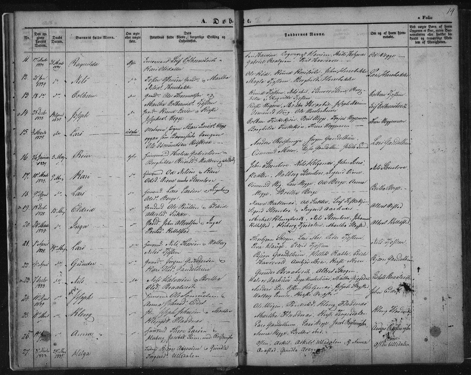 Suldal sokneprestkontor, SAST/A-101845/01/IV/L0008: Parish register (official) no. A 8, 1836-1853, p. 14