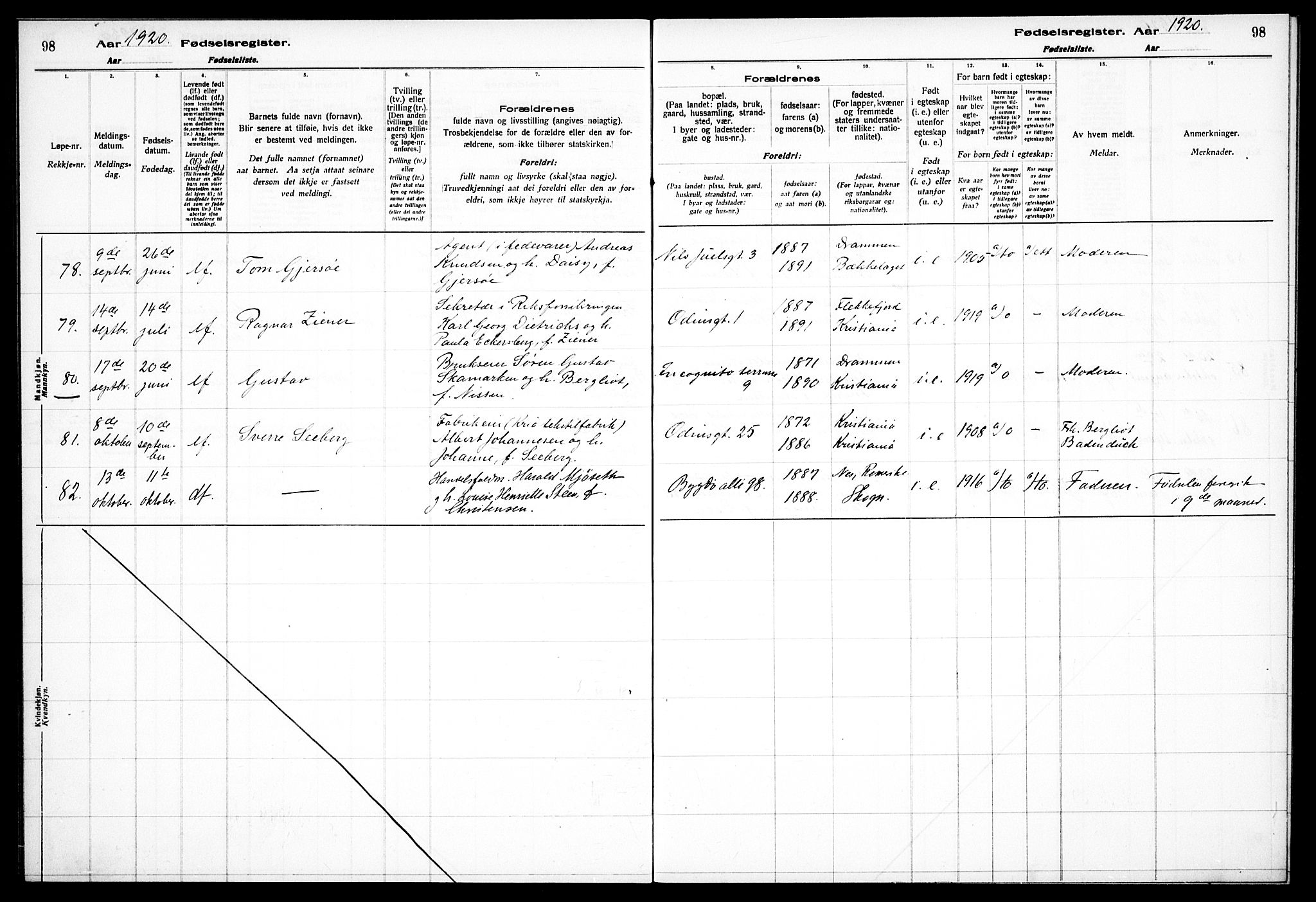 Frogner prestekontor Kirkebøker, AV/SAO-A-10886/J/Ja/L0001: Birth register no. 1, 1916-1927, p. 98