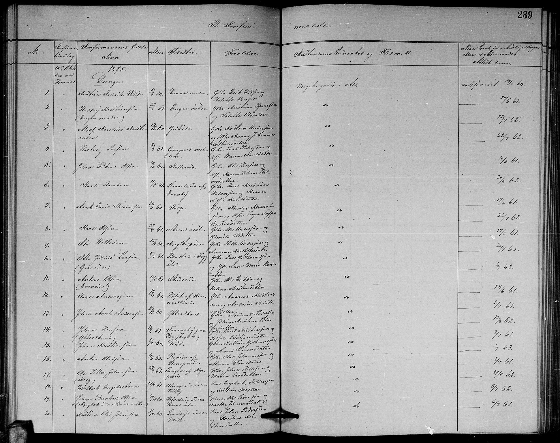 Høland prestekontor Kirkebøker, AV/SAO-A-10346a/G/Ga/L0006: Parish register (copy) no. I 6, 1869-1879, p. 239