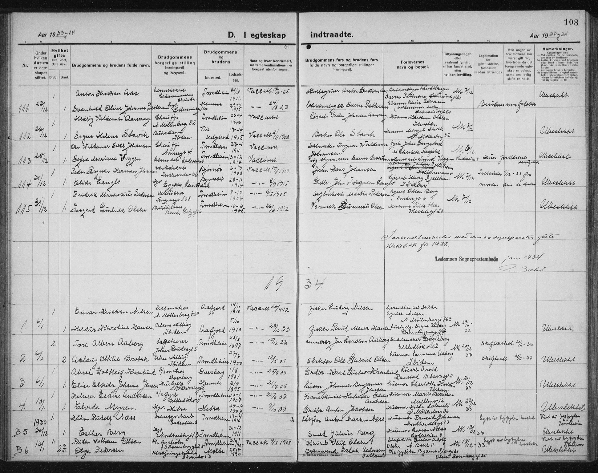 Ministerialprotokoller, klokkerbøker og fødselsregistre - Sør-Trøndelag, SAT/A-1456/605/L0260: Parish register (copy) no. 605C07, 1922-1942, p. 108