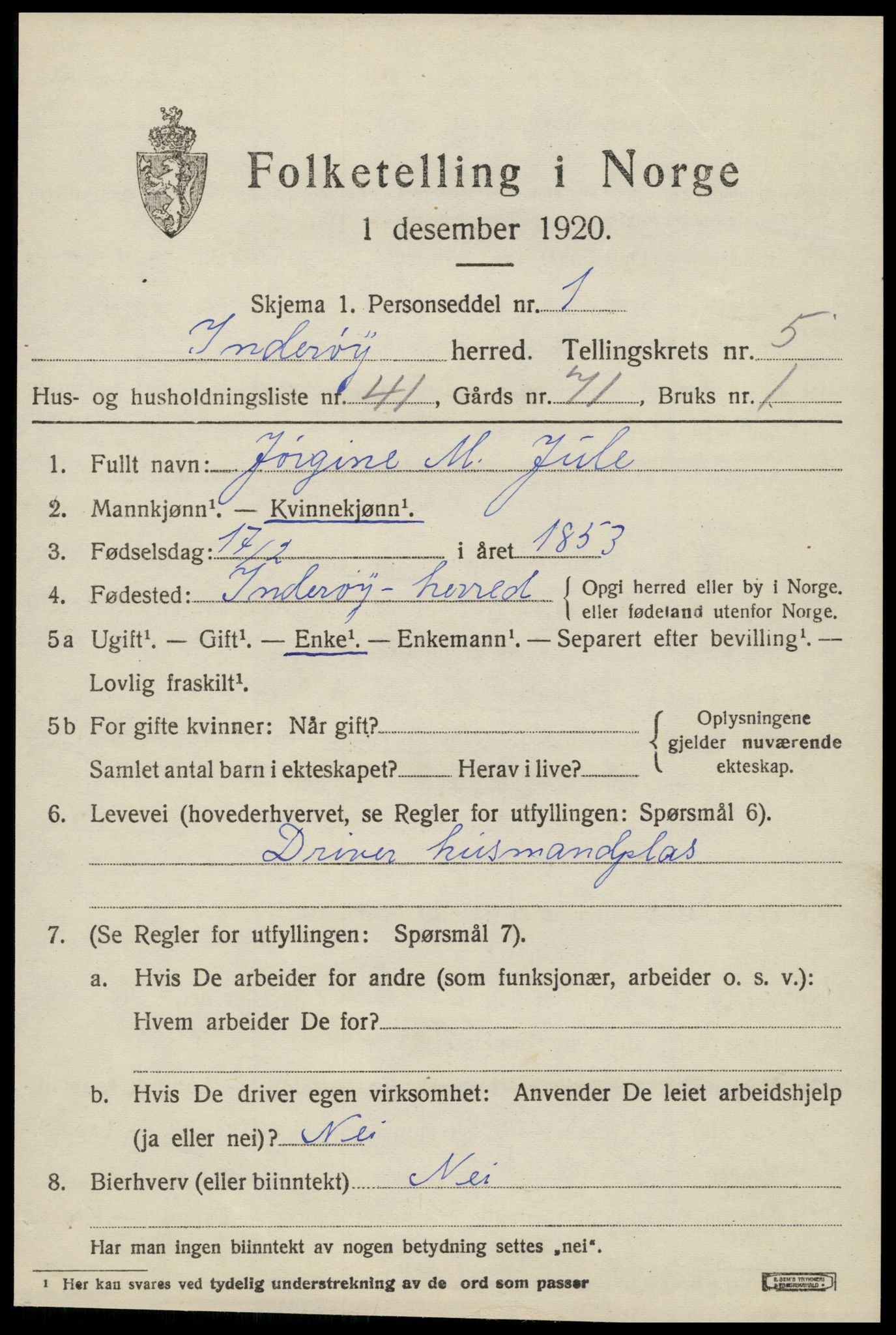 SAT, 1920 census for Inderøy, 1920, p. 4685