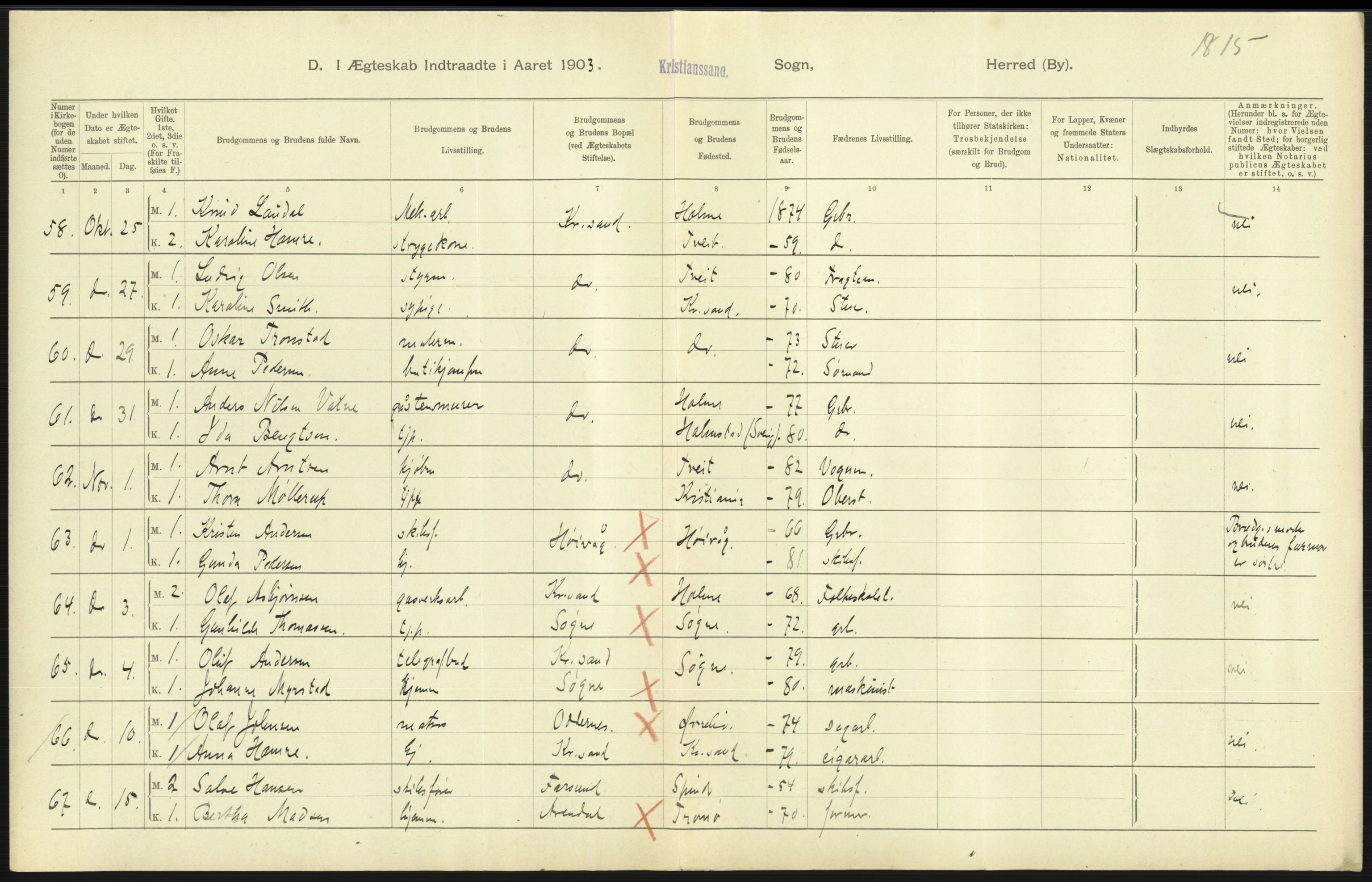 Statistisk sentralbyrå, Sosiodemografiske emner, Befolkning, AV/RA-S-2228/D/Df/Dfa/Dfaa/L0011: Lister og Mandal amt: Fødte, gifte, døde, 1903, p. 355